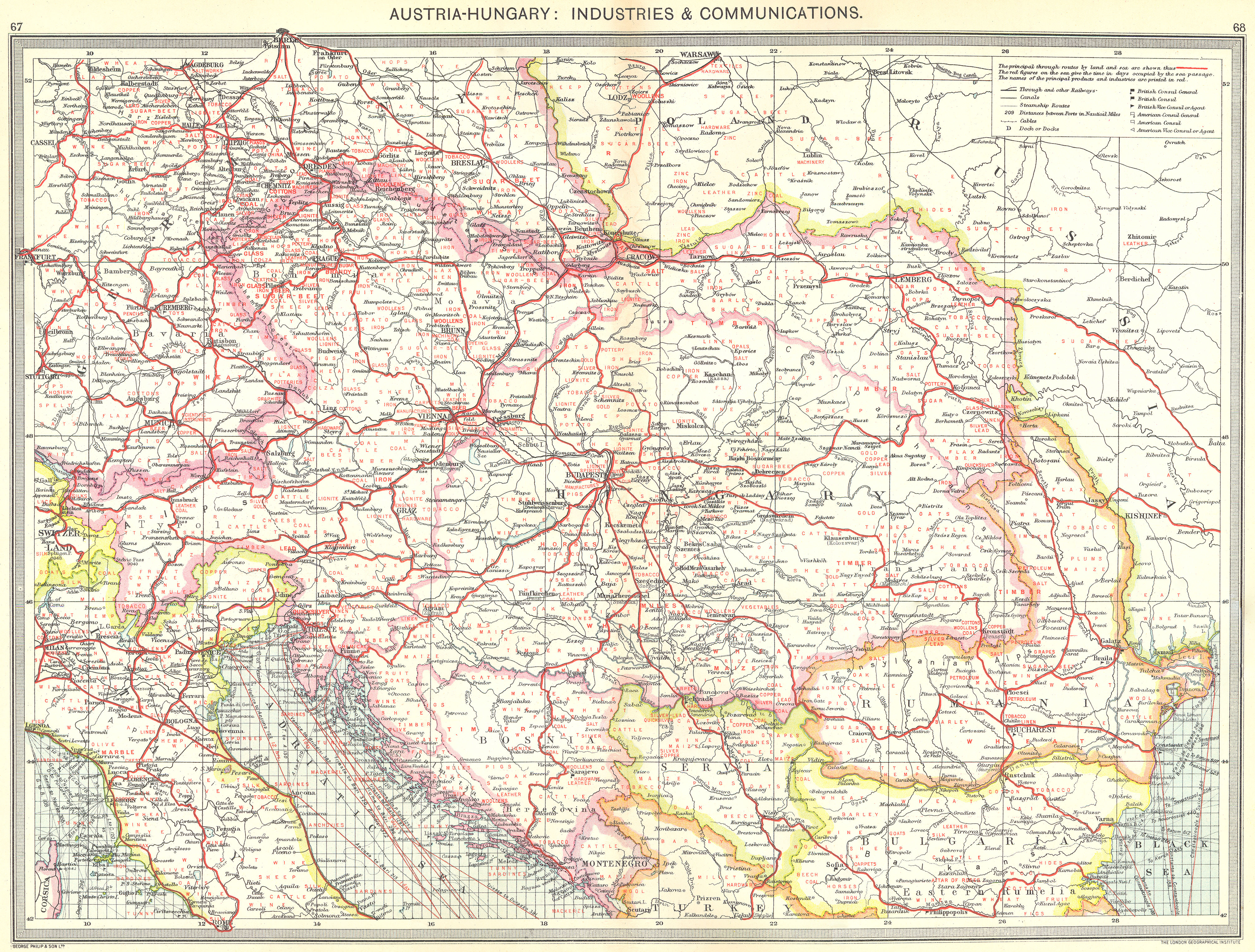 Associate Product AUSTRIA. Austria-Hungary. Industries and Communications 1907 old antique map