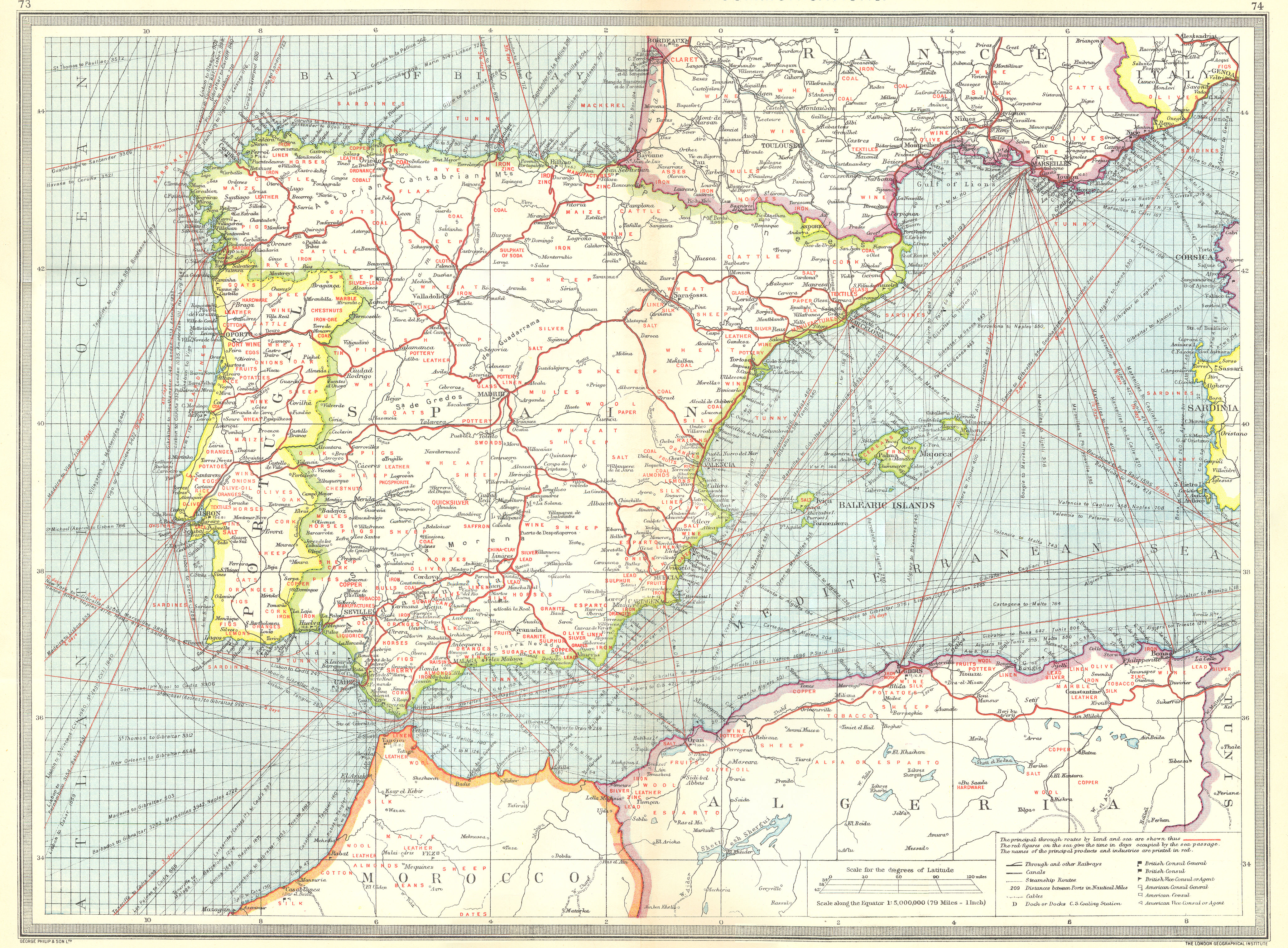 Associate Product SPAIN. Spain and Portugal. Industries and Communications 1907 old antique map