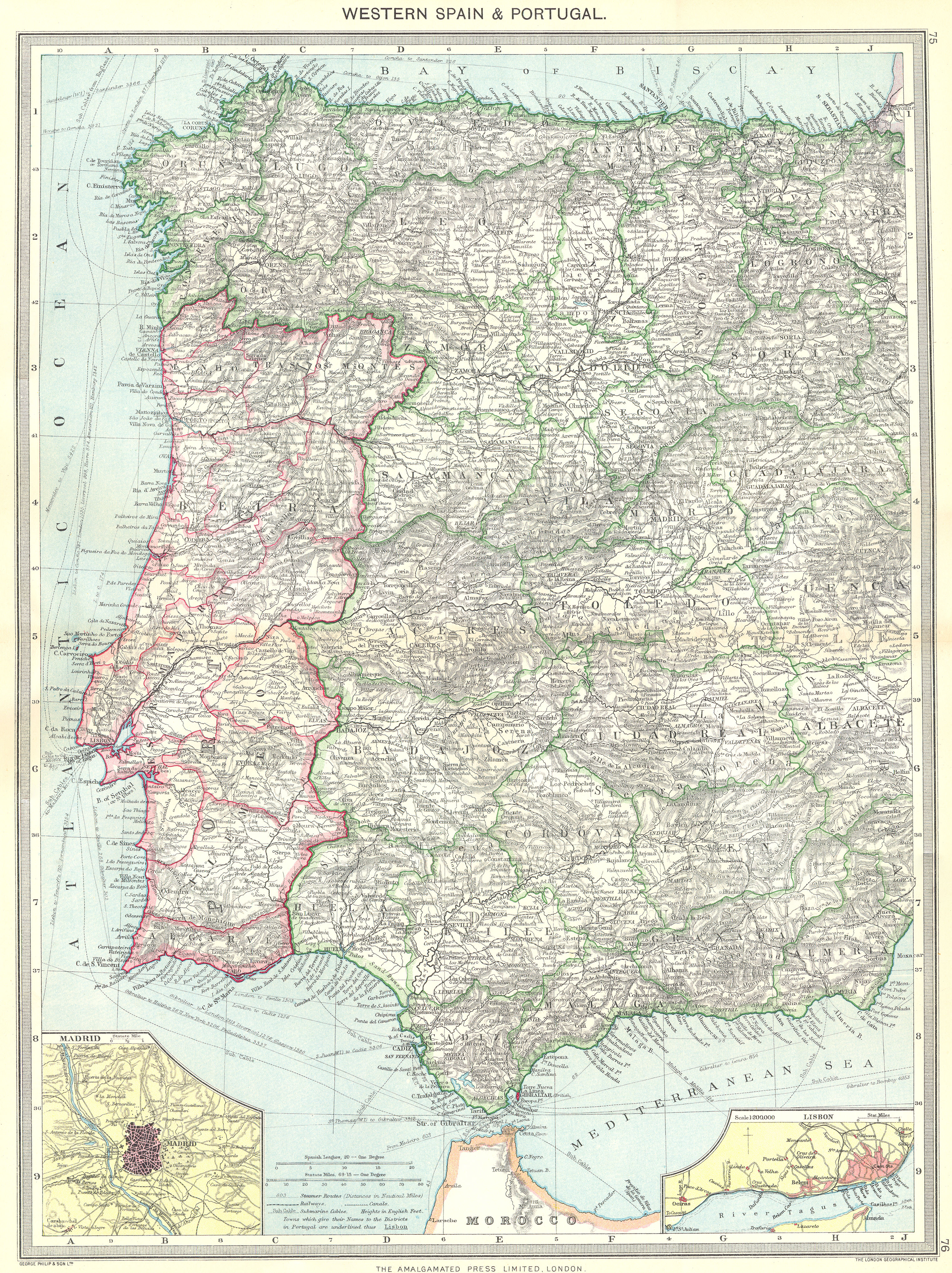 Associate Product SPAIN. Western & Portugal; map of Madrid; Lisbon 1907 old antique chart