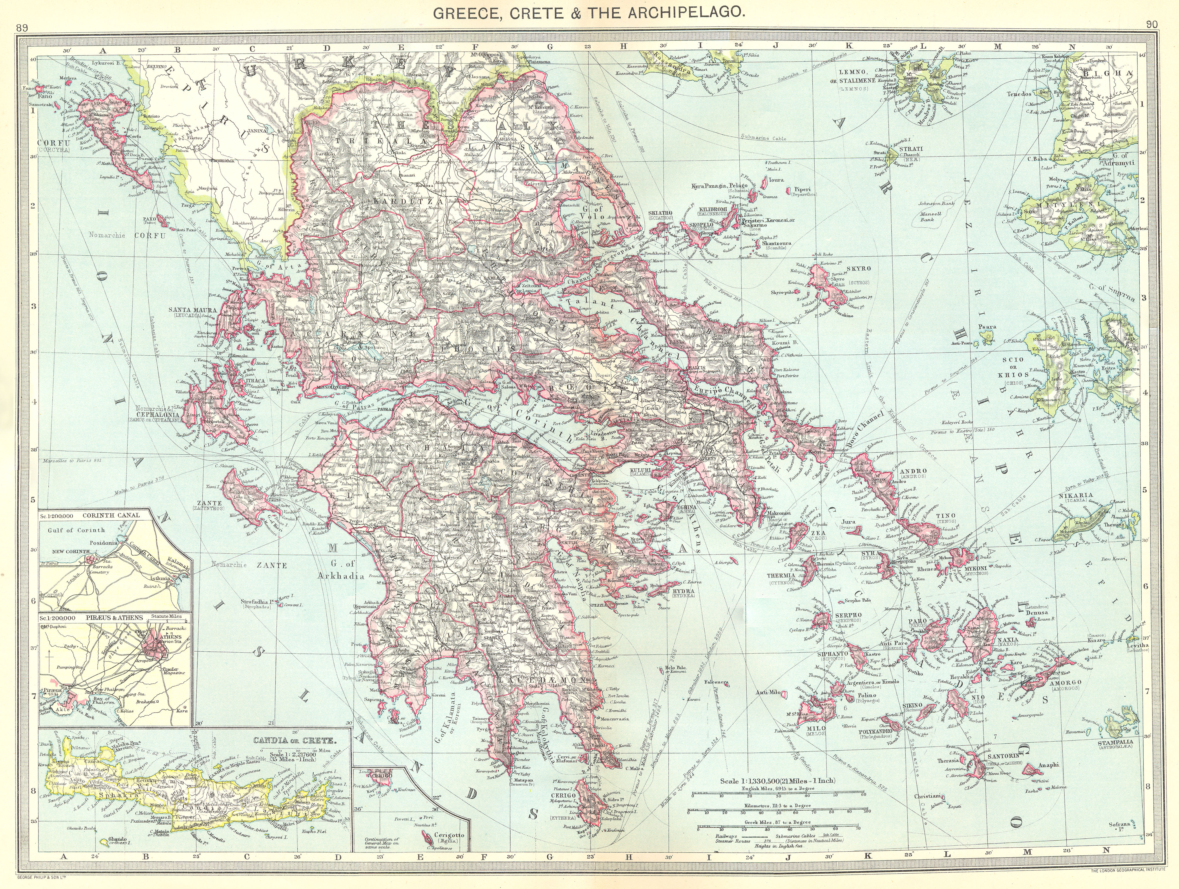 Associate Product GREECE. Crete & Archipelago; maps of Corinth Canal; Piraeus & Athens;  1907