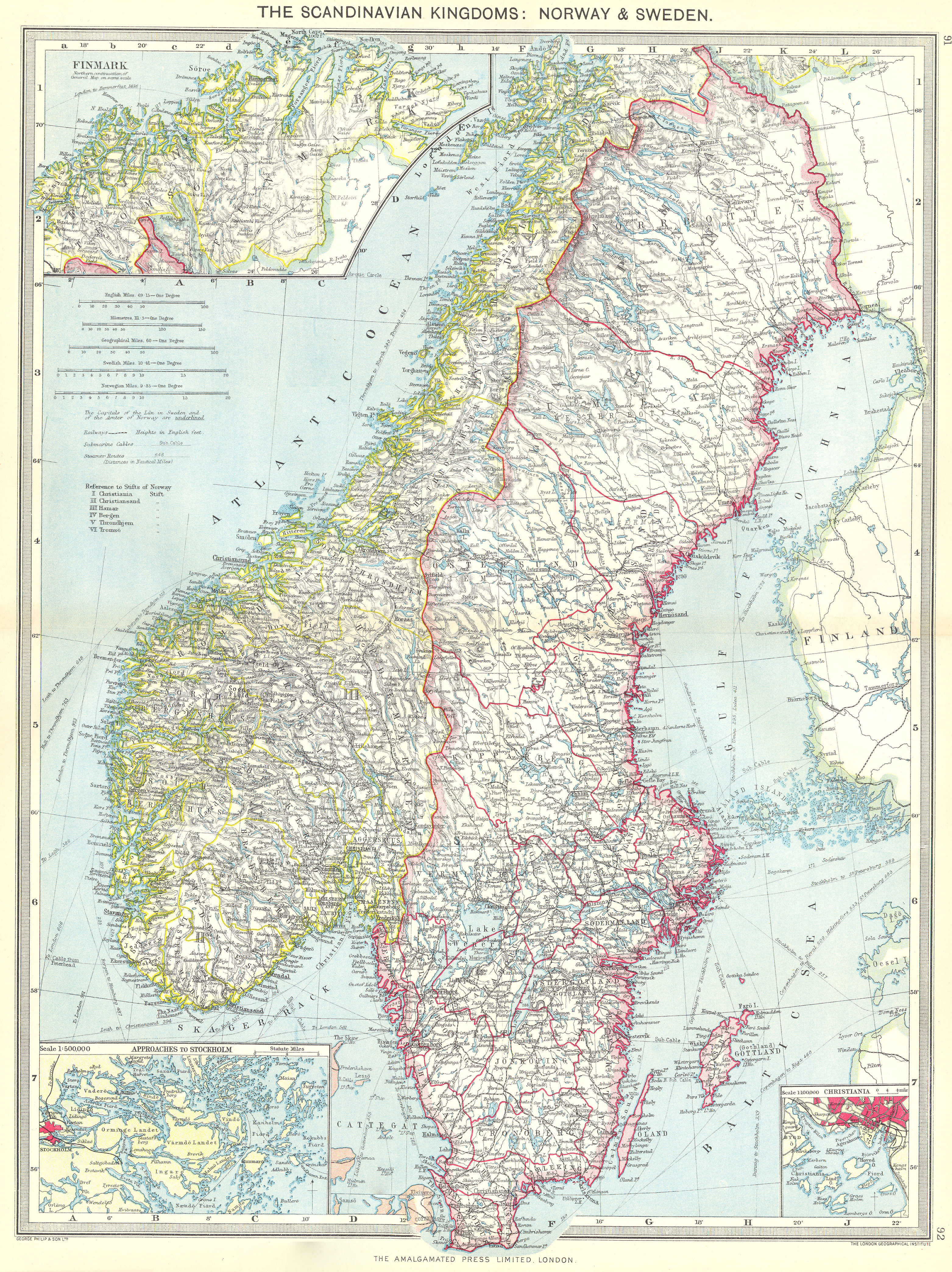 Associate Product SCANDINAVIA. Norway and Sweden; Finmark; Stockholm; Oslo 1907 old antique map