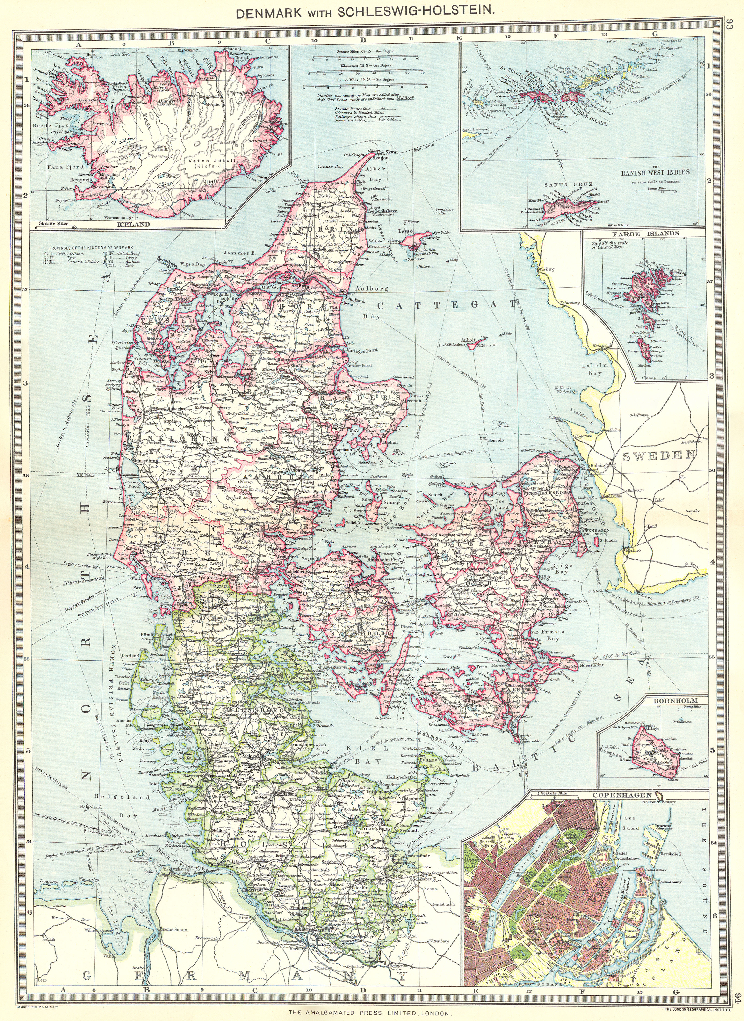 Associate Product DENMARK. Schleswig-Holstein Iceland Virgin Islands Faroe Copenhagen 1907 map