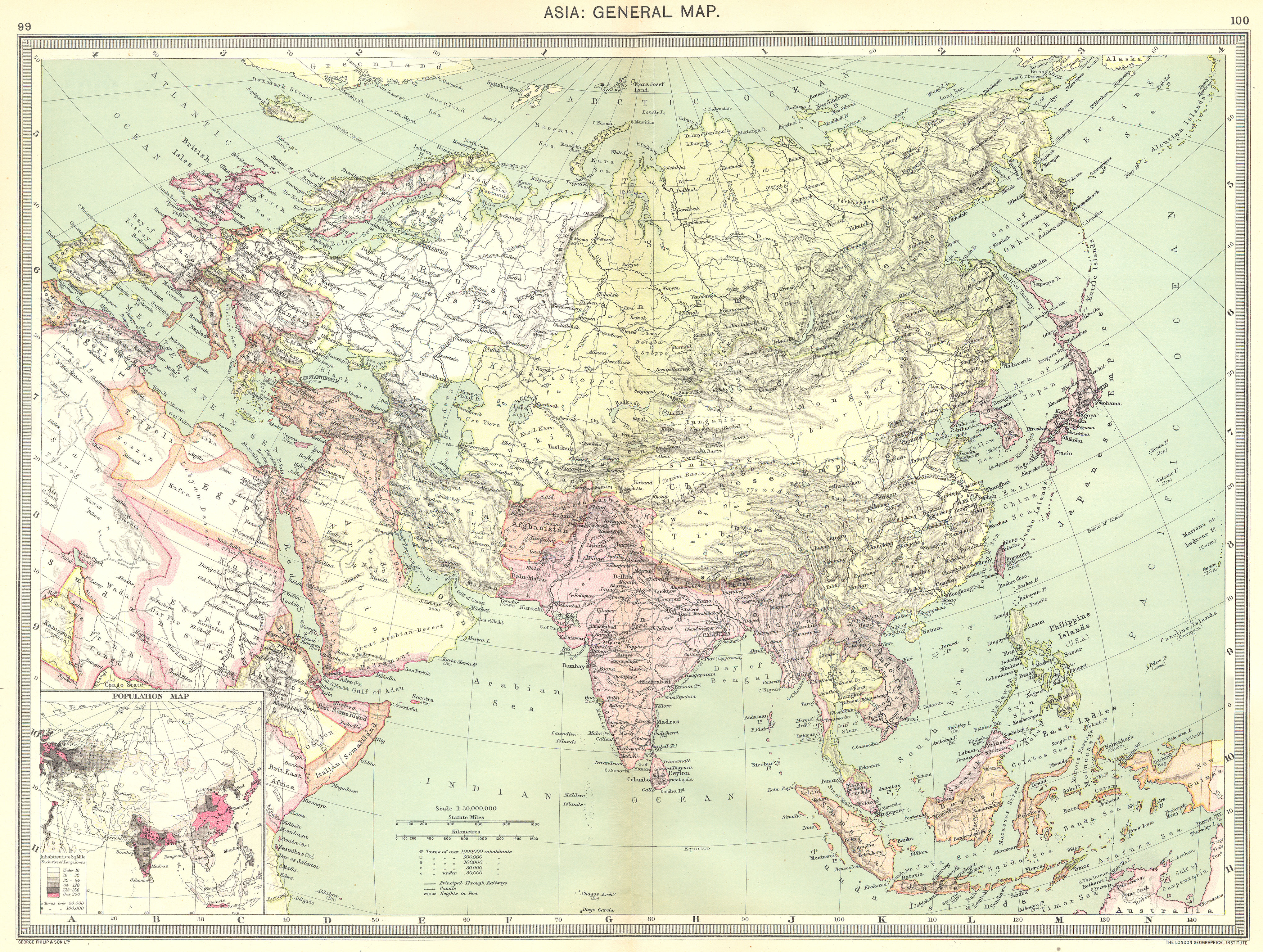 Associate Product ASIA. Asia. General Map; Inset map of Population map 1907 old antique