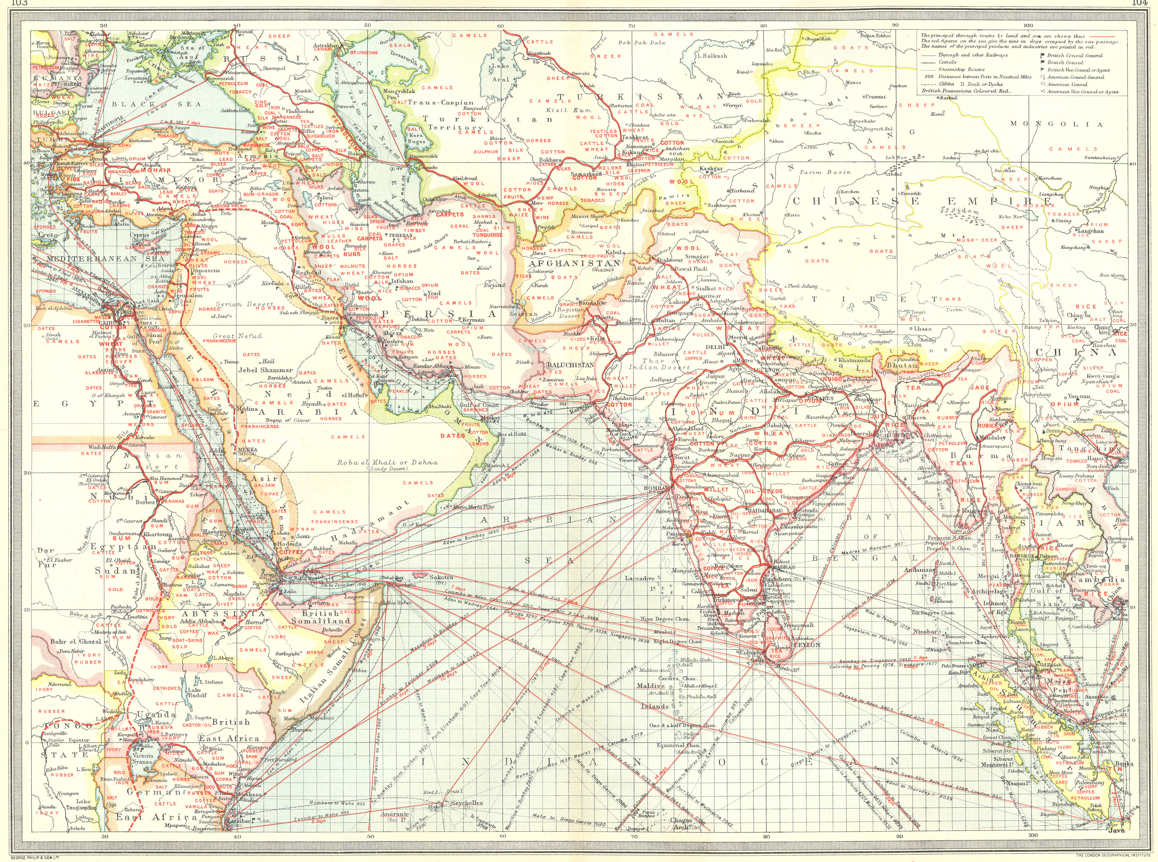 Associate Product ASIA. The Near East. Industries and Communications 1907 old antique map chart