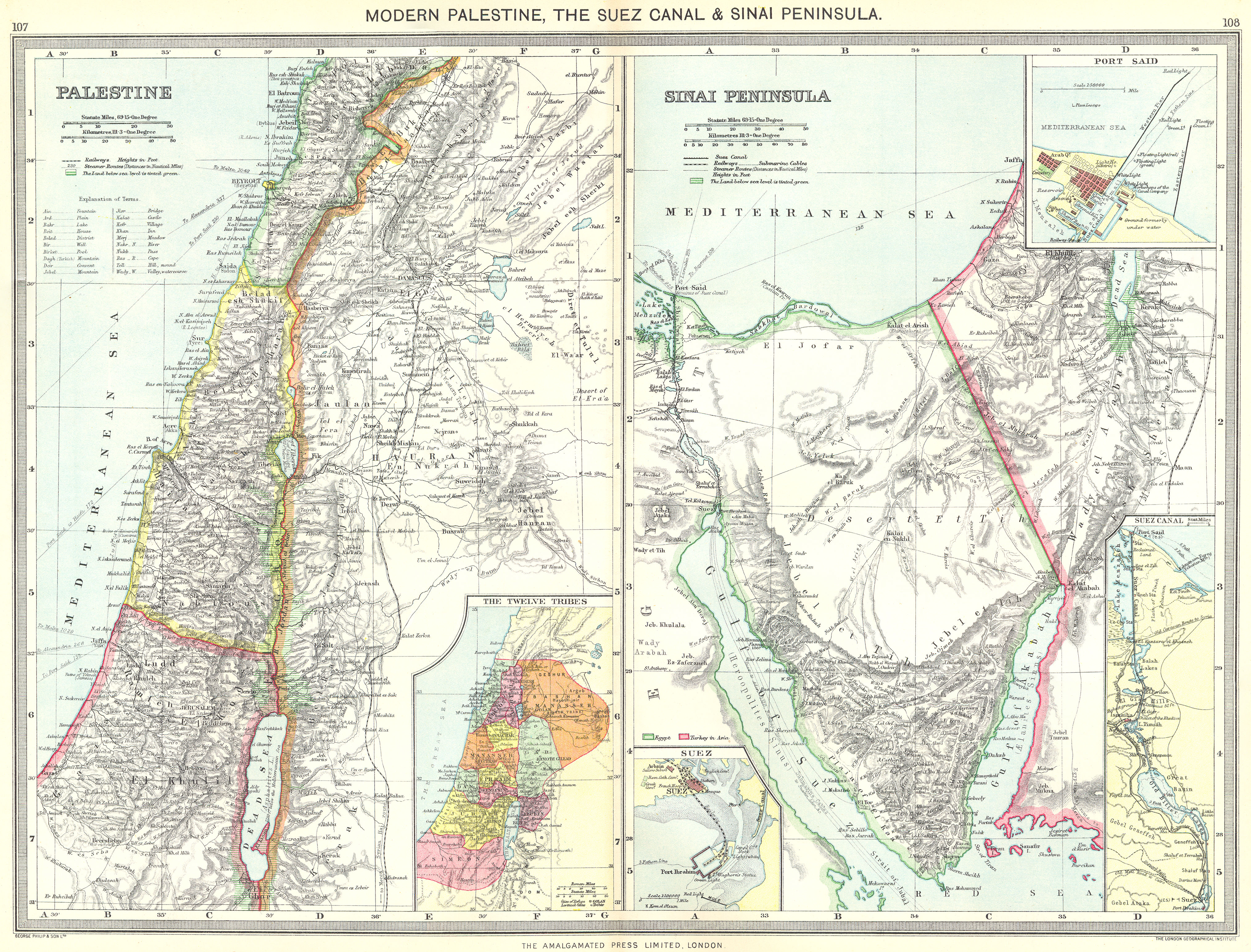 Associate Product ISRAEL. Palestine; Sinai; port Said; Suez Canal; 12 Tribes 1907 old map