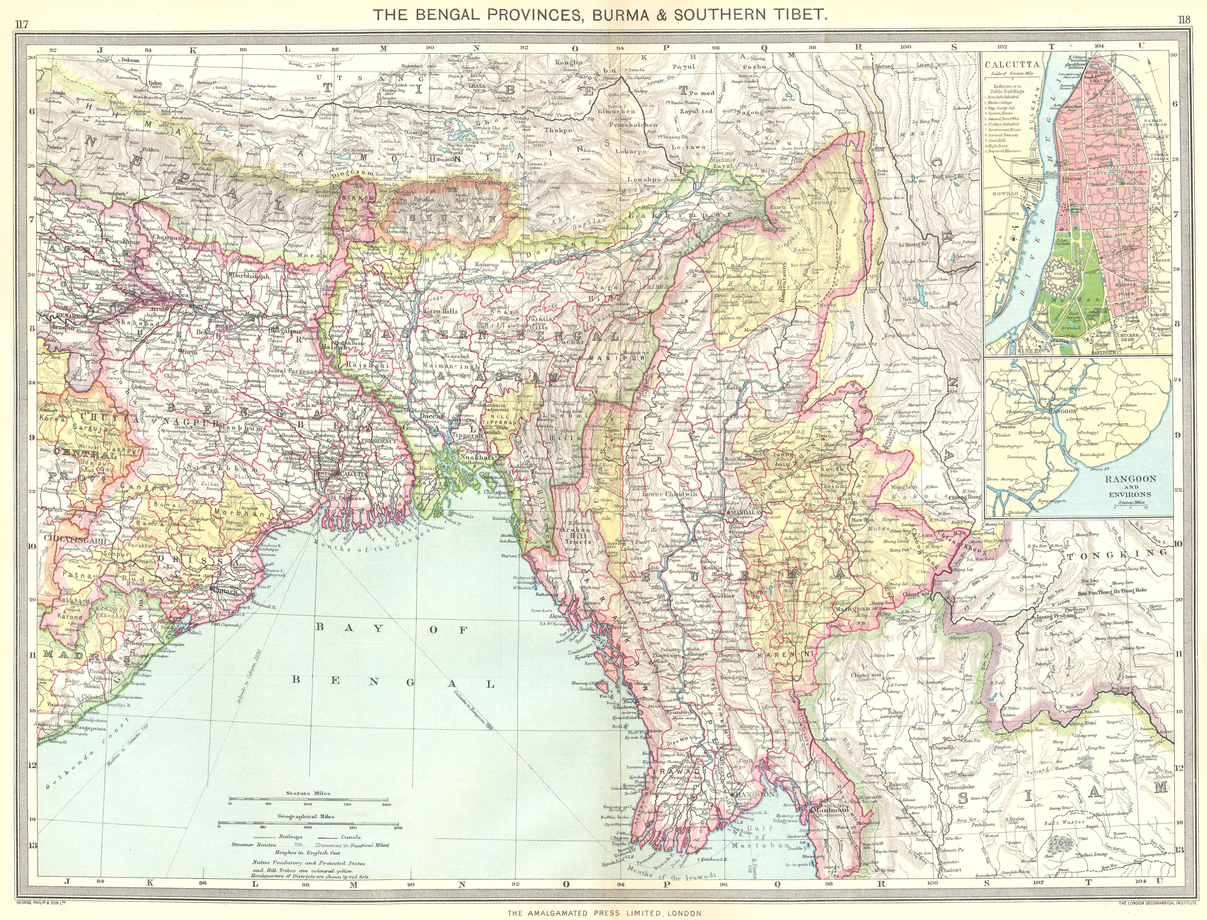 Associate Product INDIA. Bengal Provinces, Burma & Southern Tibet; maps of Kolkata; Rangoon 1907