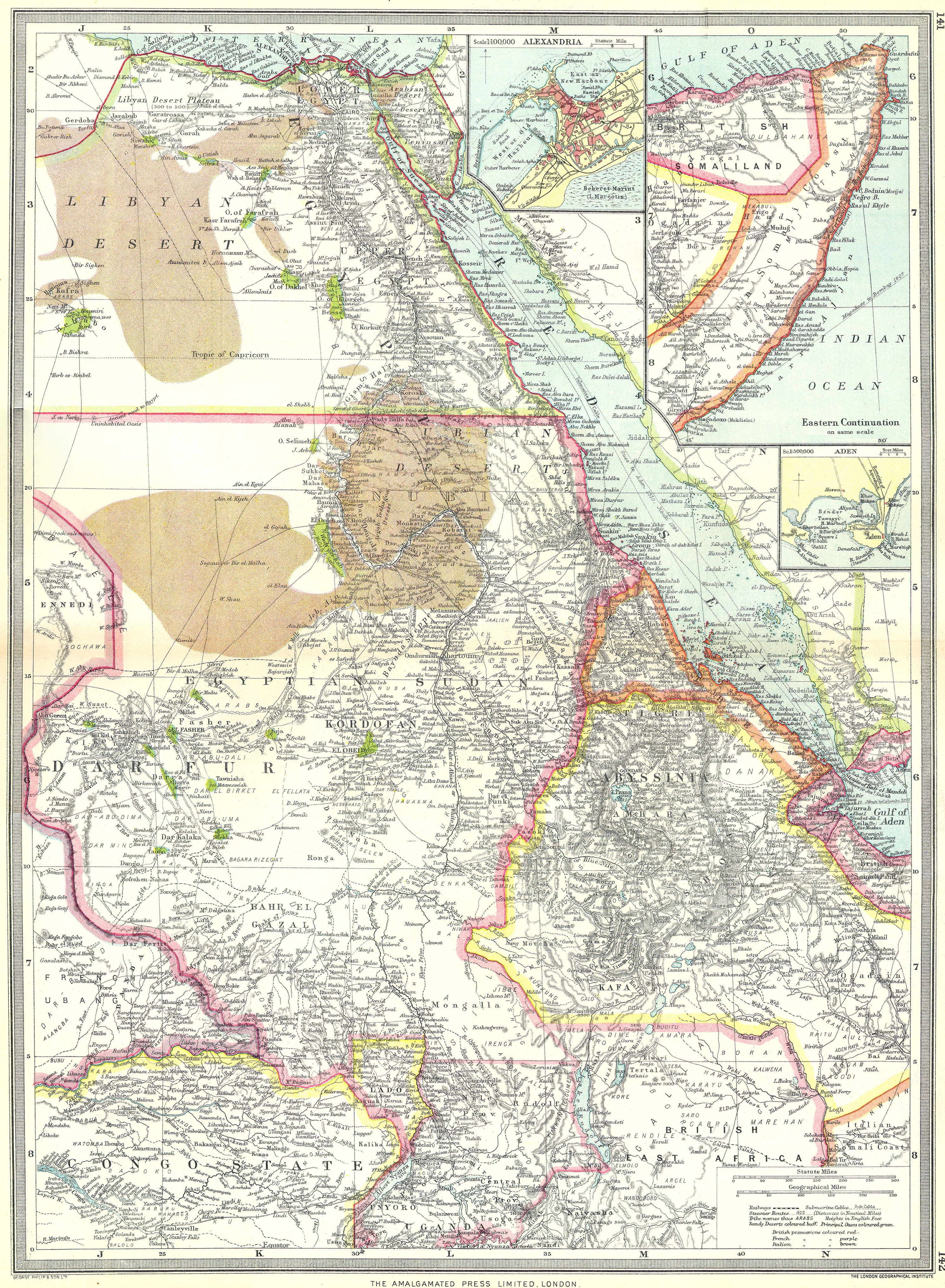 Associate Product EGYPT SUDAN ABYSSINIA. Alexandria; Eastern Continuation; Aden 1907 old map