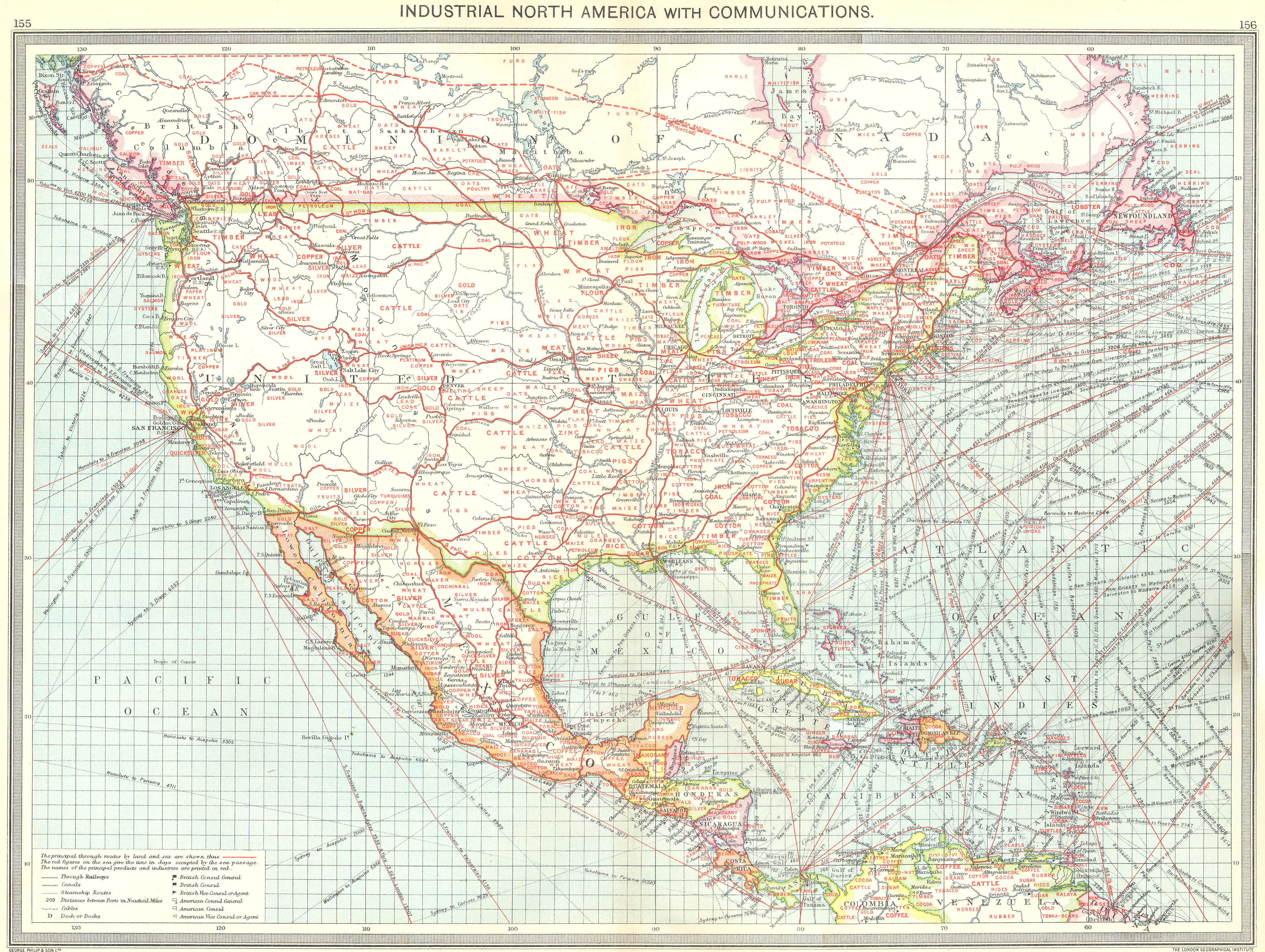Associate Product NORTH AMERICA. Industrial North America. with Communications 1907 old map