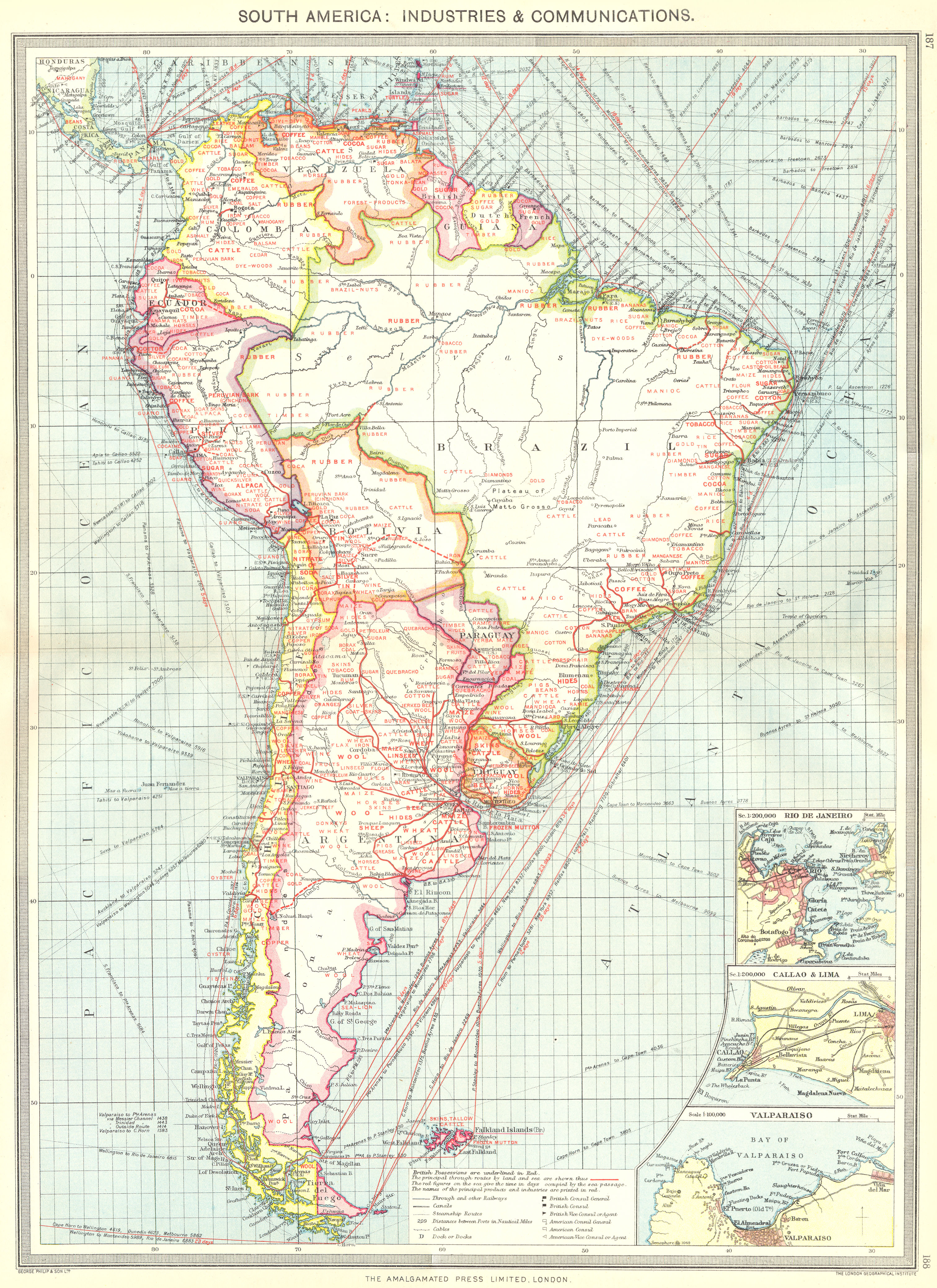 Associate Product SOUTH AMERICA. Communications; Rio de Janeiro Callao Lima Valparaiso 1907 map