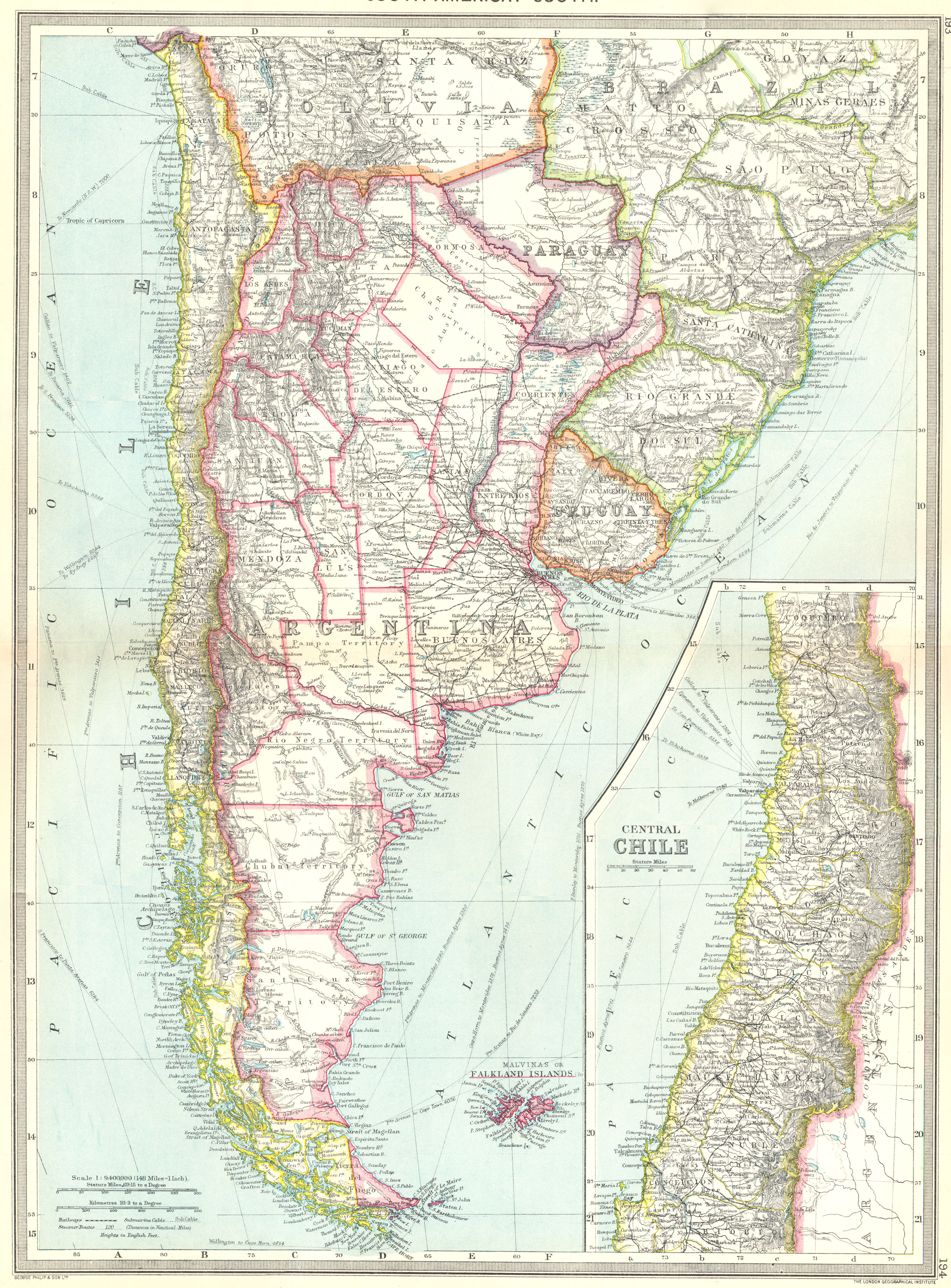 Associate Product SOUTH AMERICA, SOUTH. Argentina Chile 1907 old antique vintage map plan chart