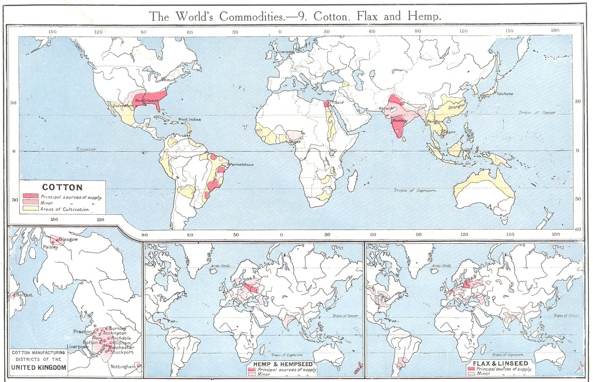 Associate Product WORLD. Commodities - Cotton Hemp & Hempseed; Flax & Linseed; UK 1907 old map