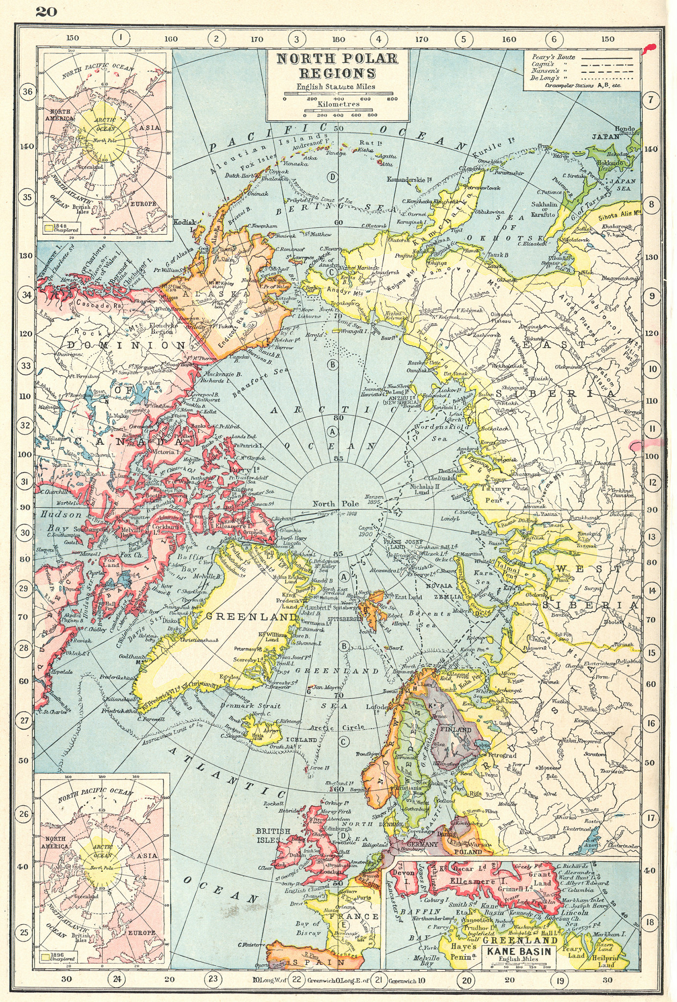 ARCTIC. North Pole showing explorers' routes. Inset Kane Basin 1920 old map