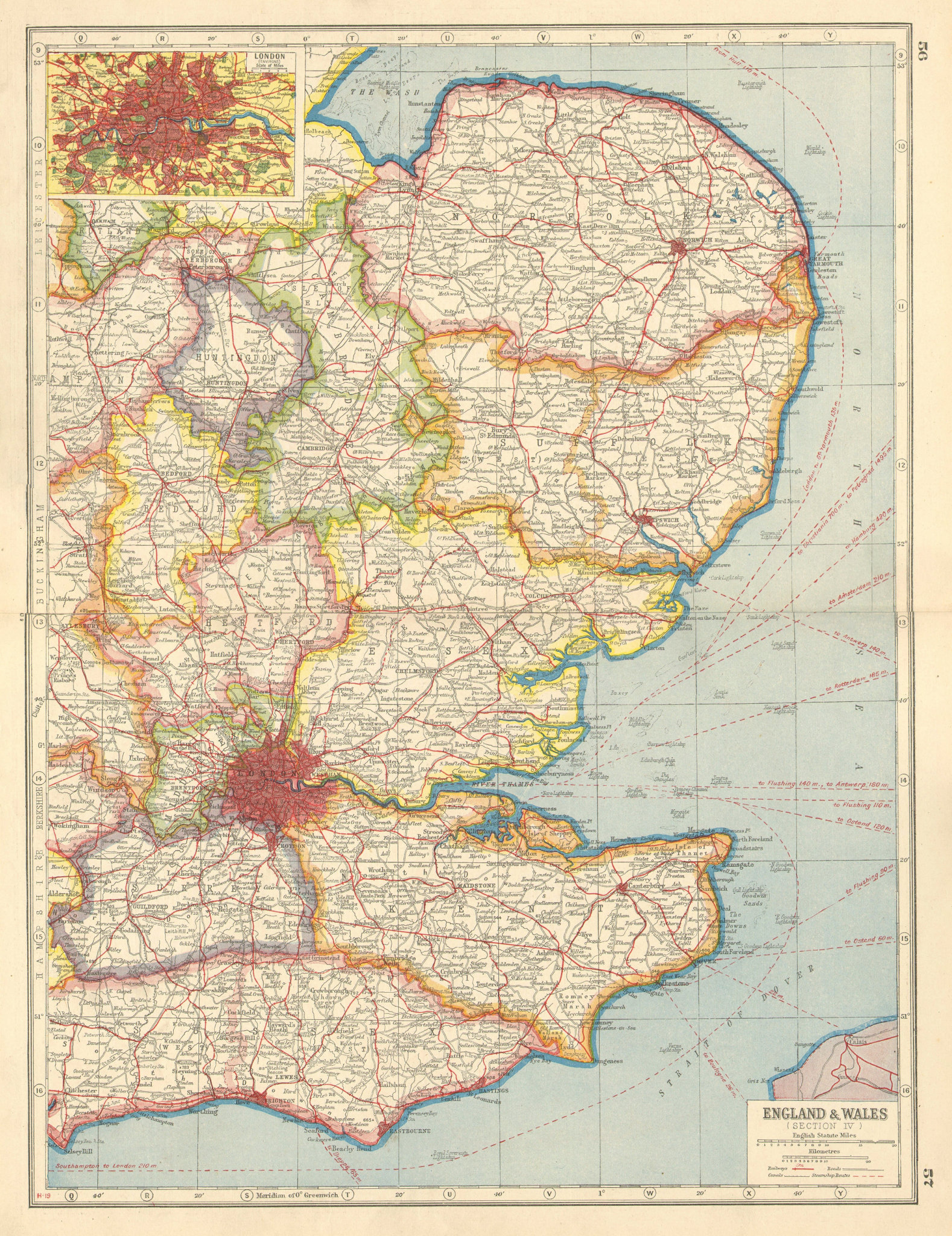 Associate Product ENGLAND EAST. Norfolk Suffolk Essex Kent Surrey Cambs; Inset London 1920 map