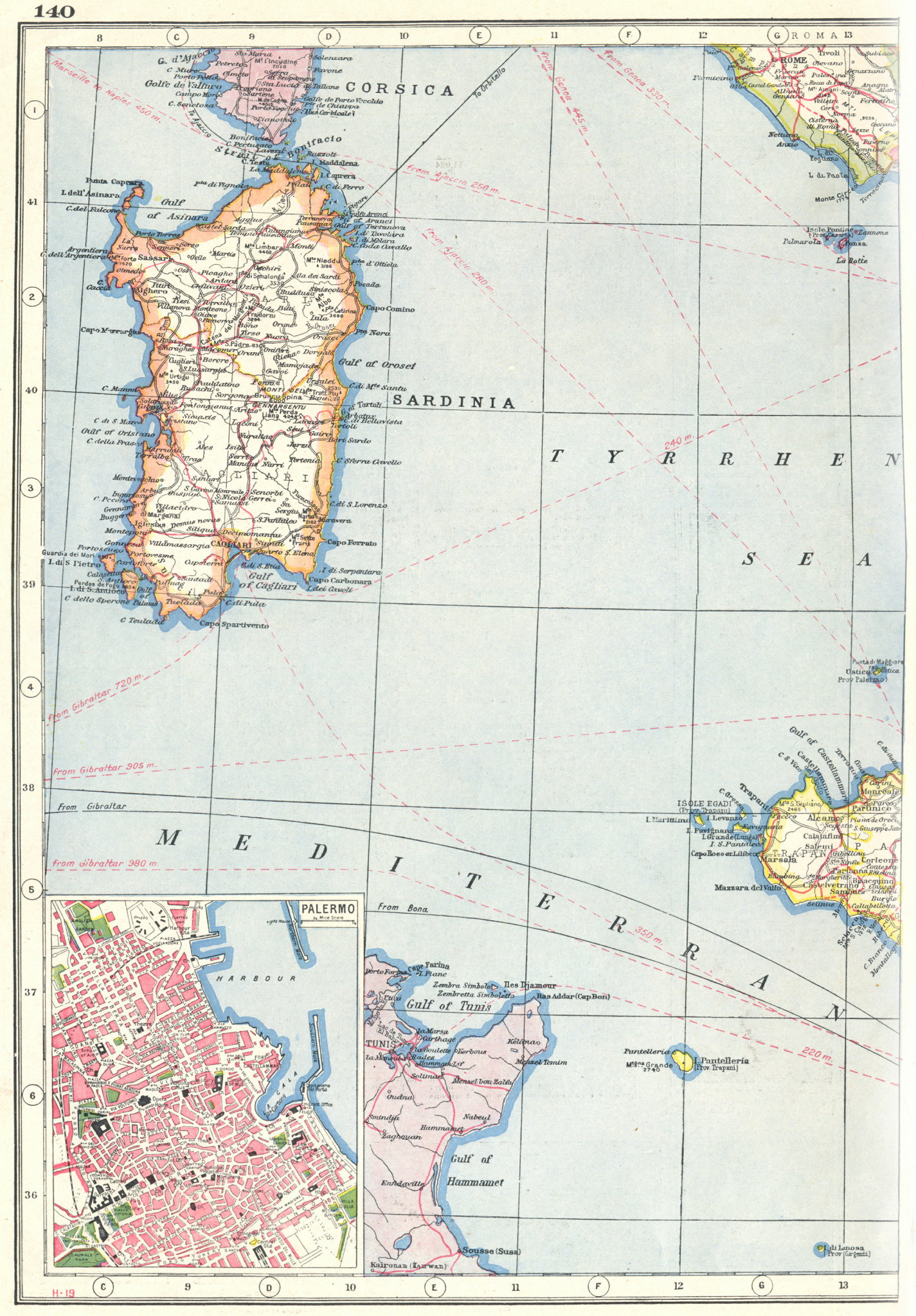 Associate Product SARDINIA. inset Palermo. Telegraph cables. Rome Tunis Sardegna 1920 old map