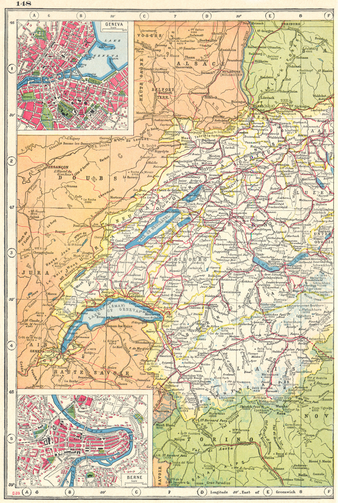 Associate Product SWITZERLAND WEST. inset plans of Geneva Genf & Berne Bern. HARMSWORTH 1920 map