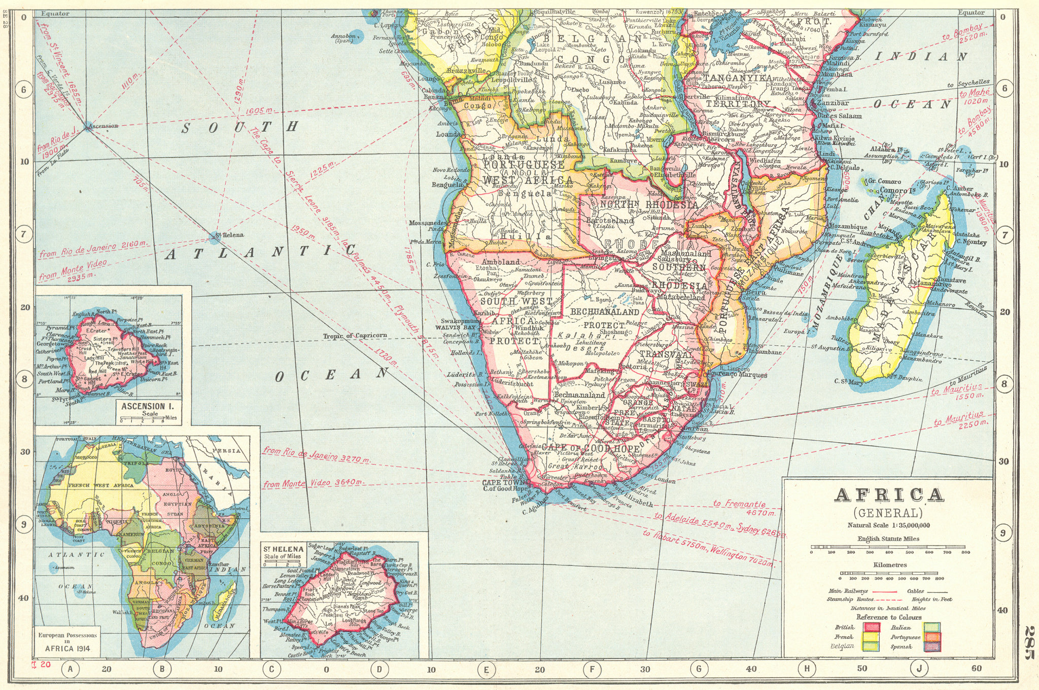 SOUTHERN AFRICA.Inset Ascension Is.; European colonies 1914;St Helena ...