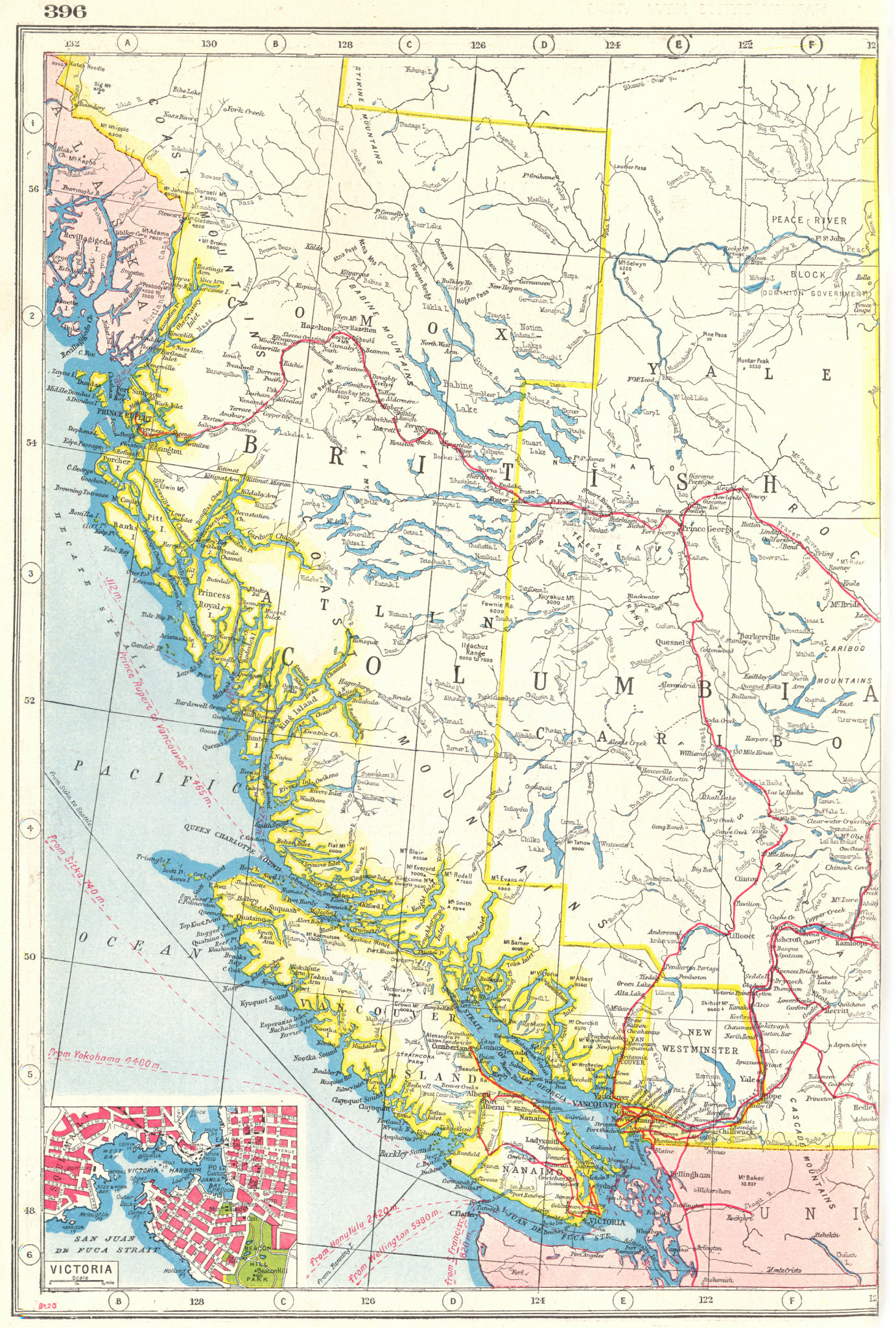 Associate Product BRITISH COLUMBIA. Railways & telegraph cables. Inset plan of Victoria 1920 map