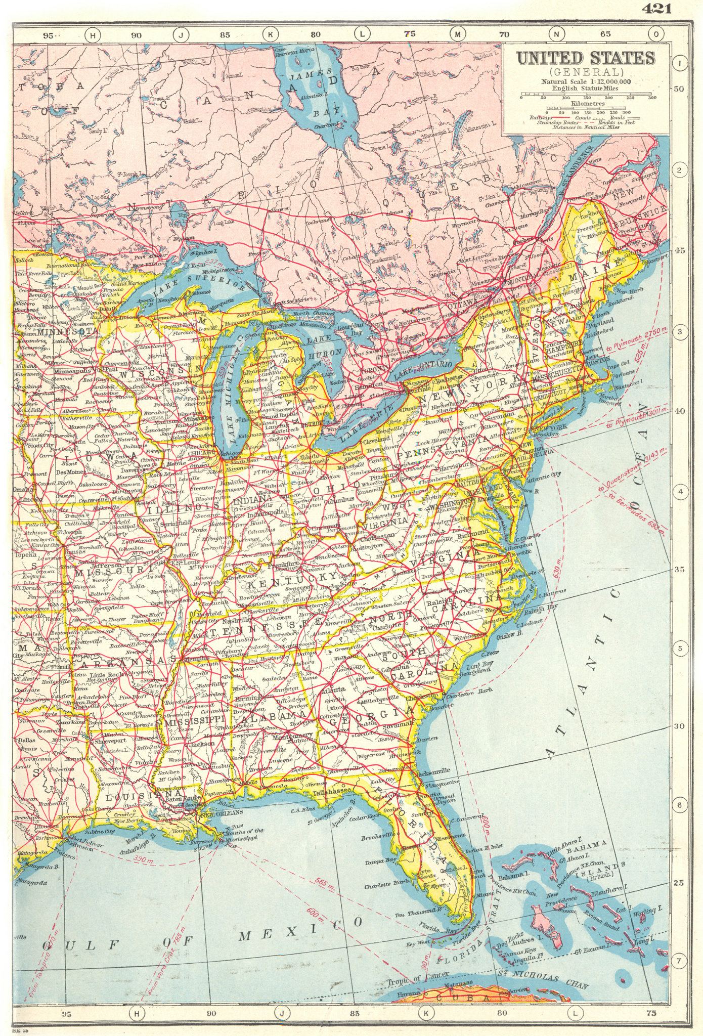 Interstate Map Of Eastern United States United States East Railways. Roads Canals Steamship Routes. Usa 1920 Old Map