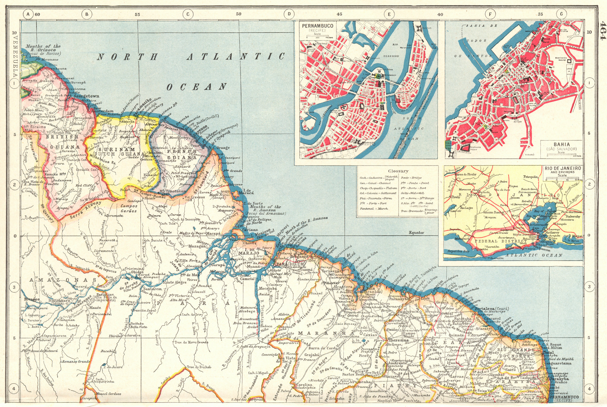 Associate Product BRAZIL NORTH COAST & GUIANAS. Inset Recife & Salvador de Bahia plans 1920 map