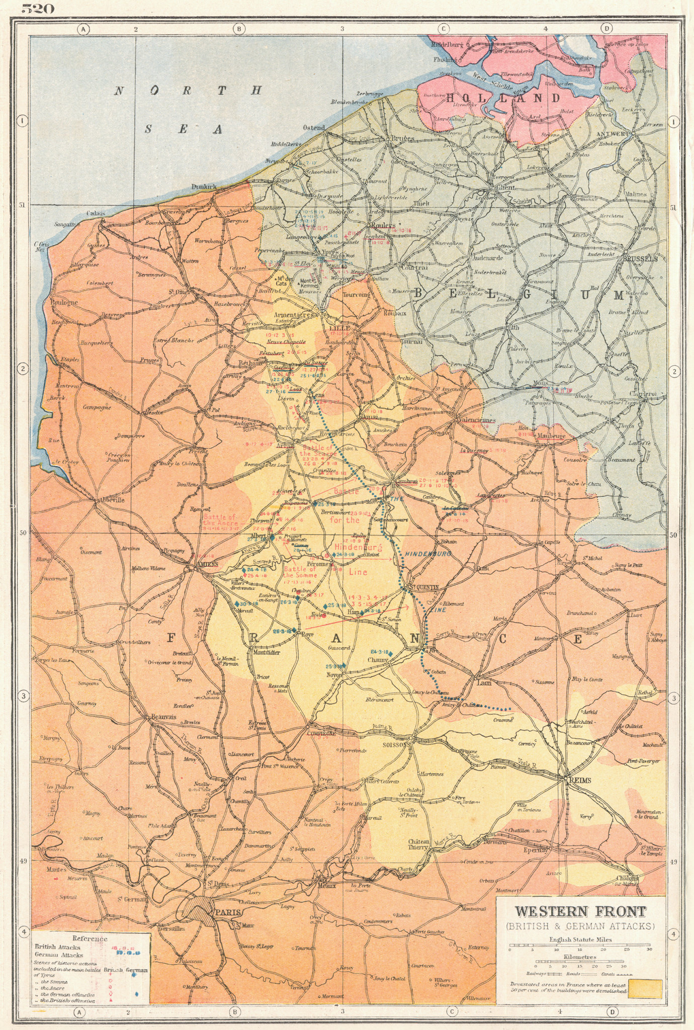 FRANCE BELGIUM. Western Front First World War 1. Key battles 1914-18 1920 map