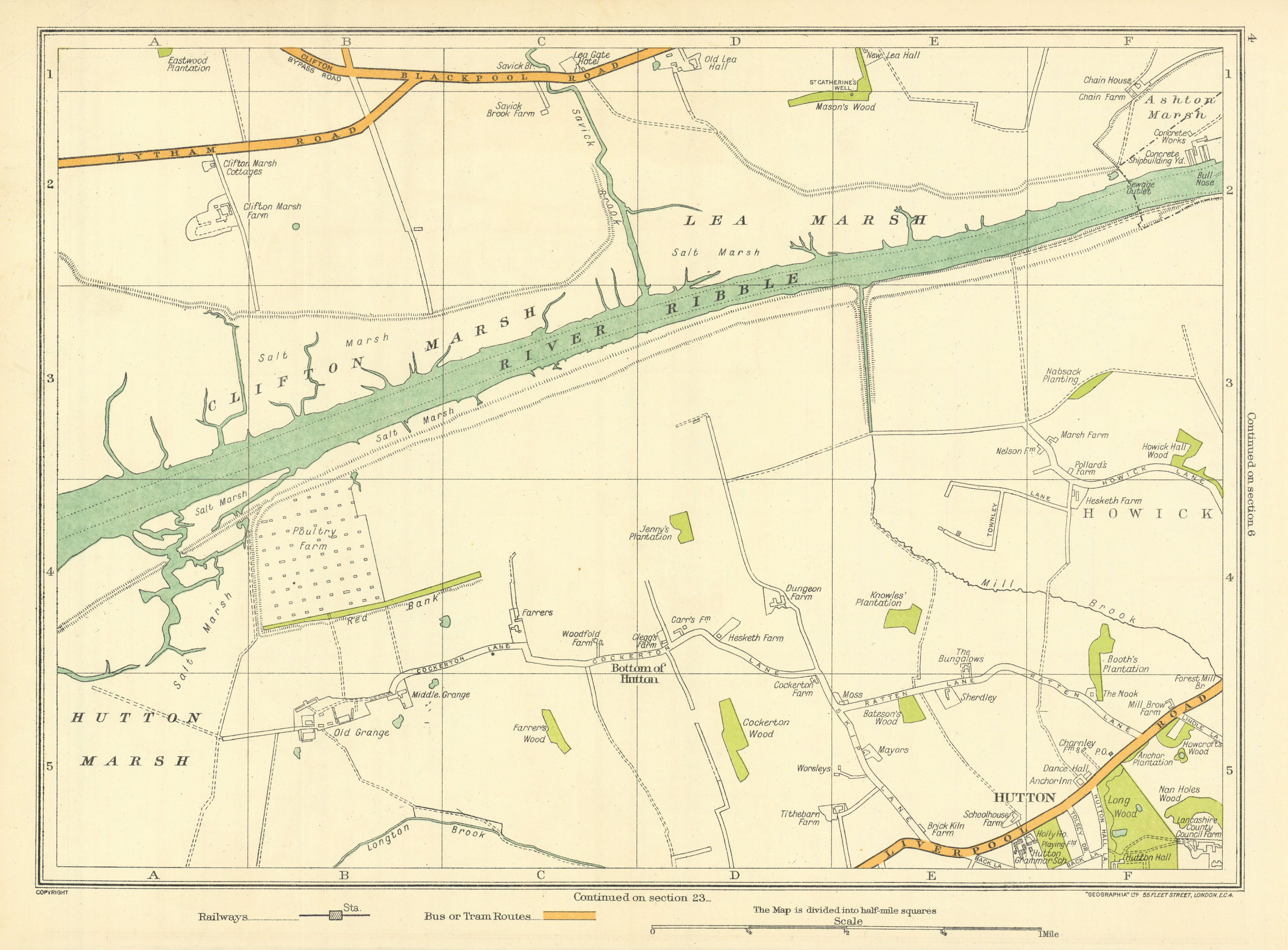 LANCS Clifton Marsh Lea Marsh Howick Hutton Hutton Marsh River Ribble 1935 map