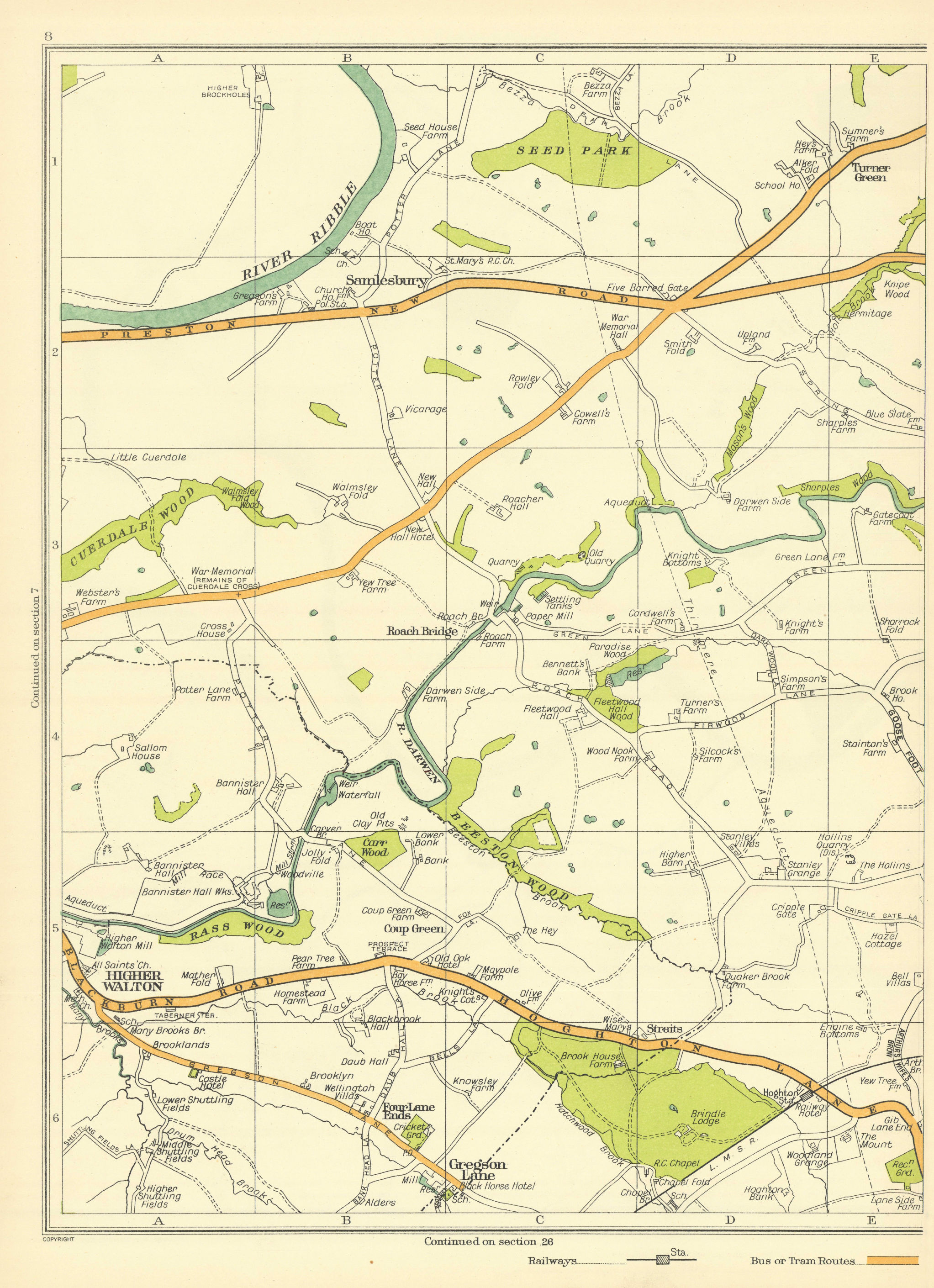Associate Product LANCASHIRE Samlesbury Turner Green Rass Wood Higher Walton Gregson Lane 1935 map