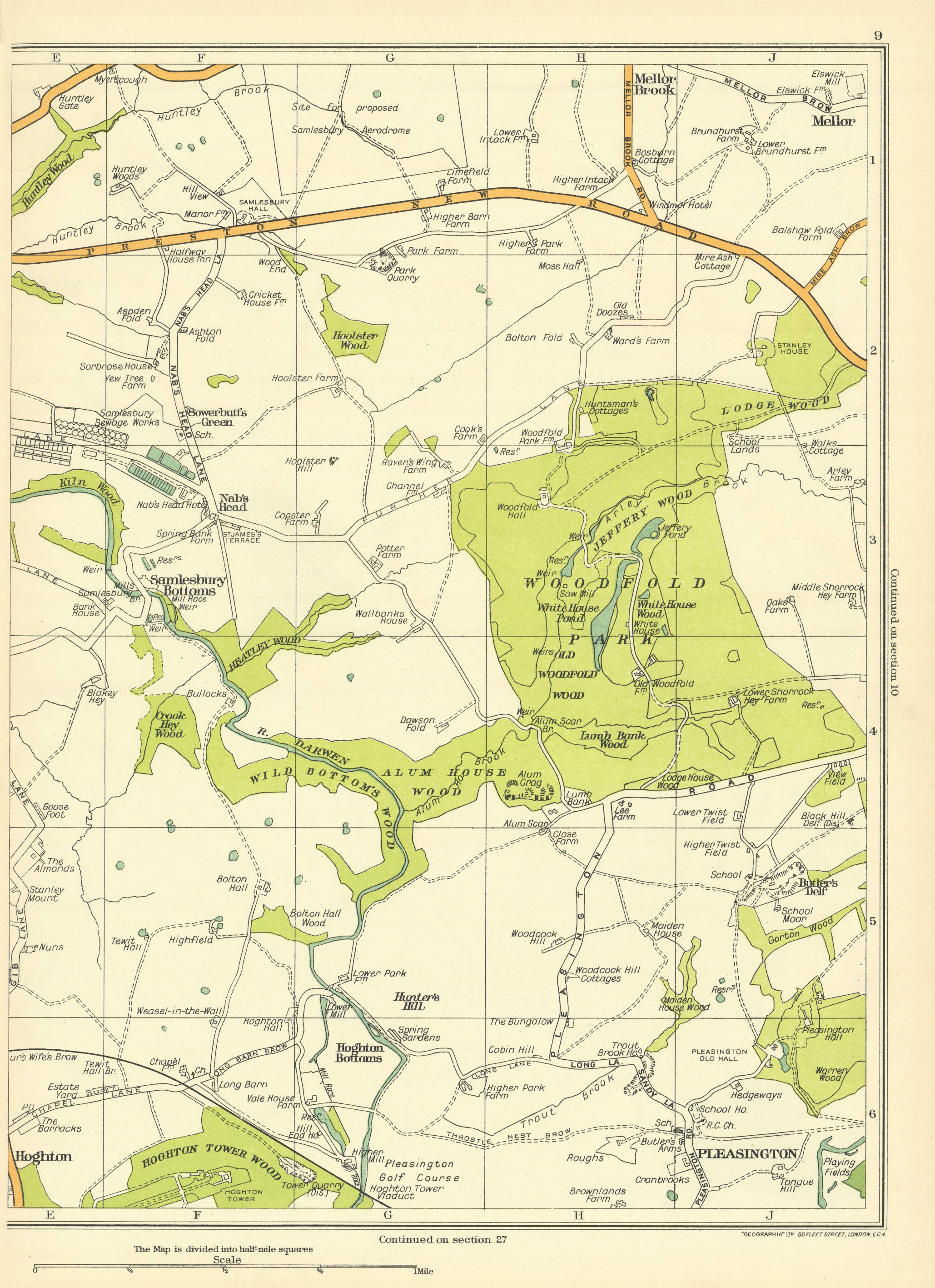 Associate Product LANCASHIRE Samlesbury Bottoms Wood Hunter's Hill Hoghton Crook Hey 1935 map