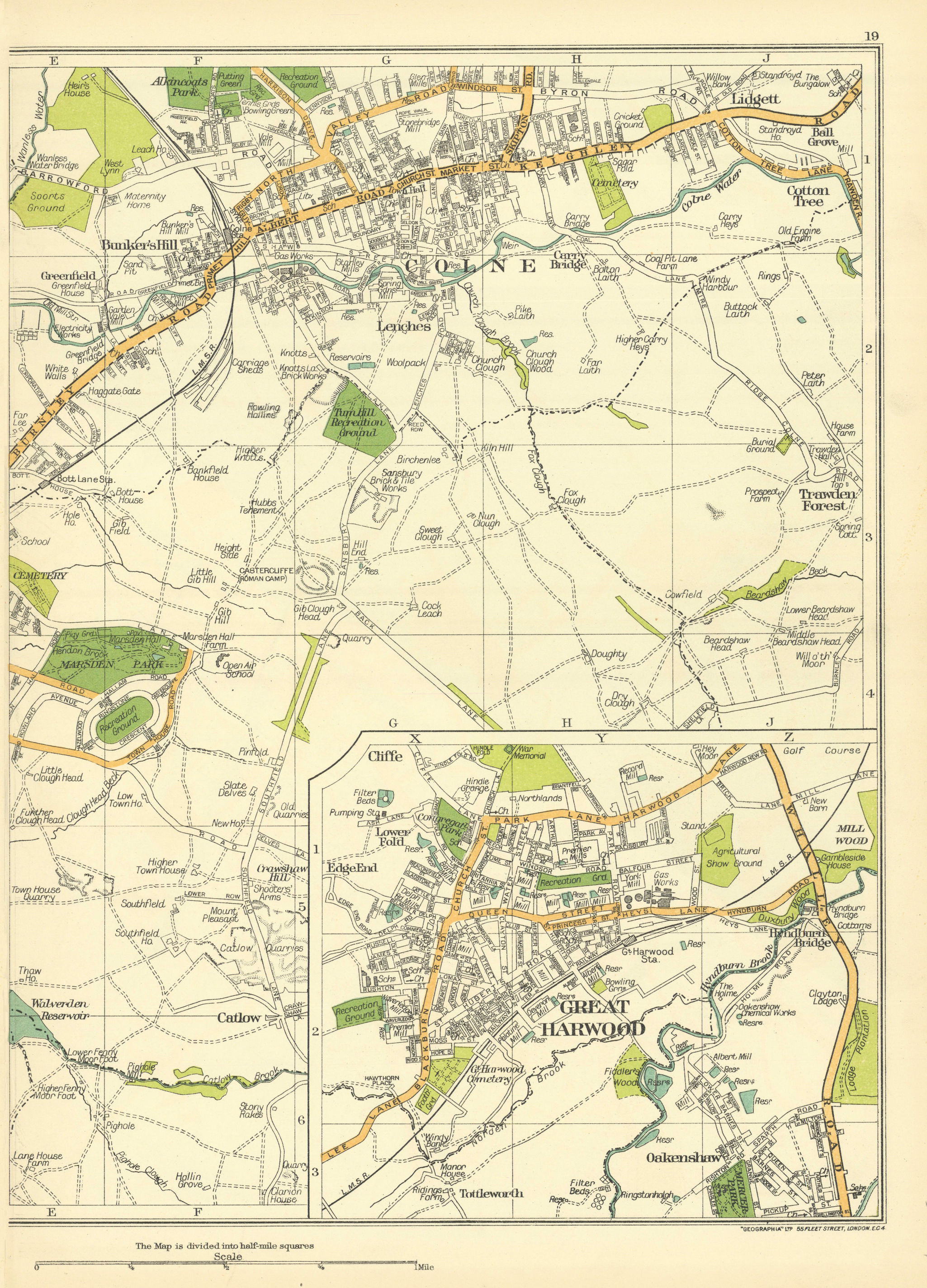 Associate Product LANCS Colne Bunker's Hill Great Harwood Catlow Lenches Trawden Forest 1935 map
