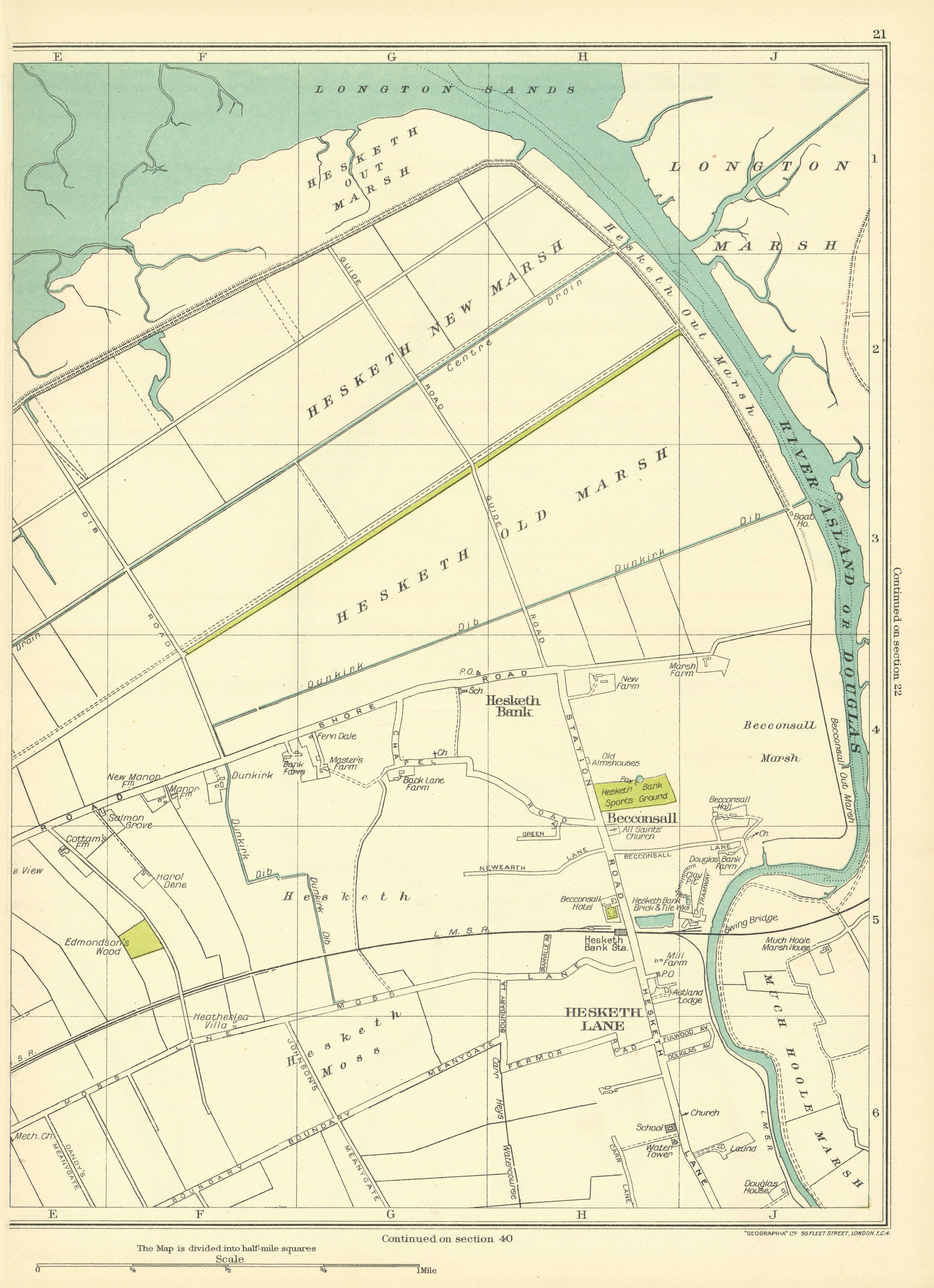 Associate Product LANCS Hesketh Lane Old Marsh New Becconsall Much Hoole River Asland 1935 map