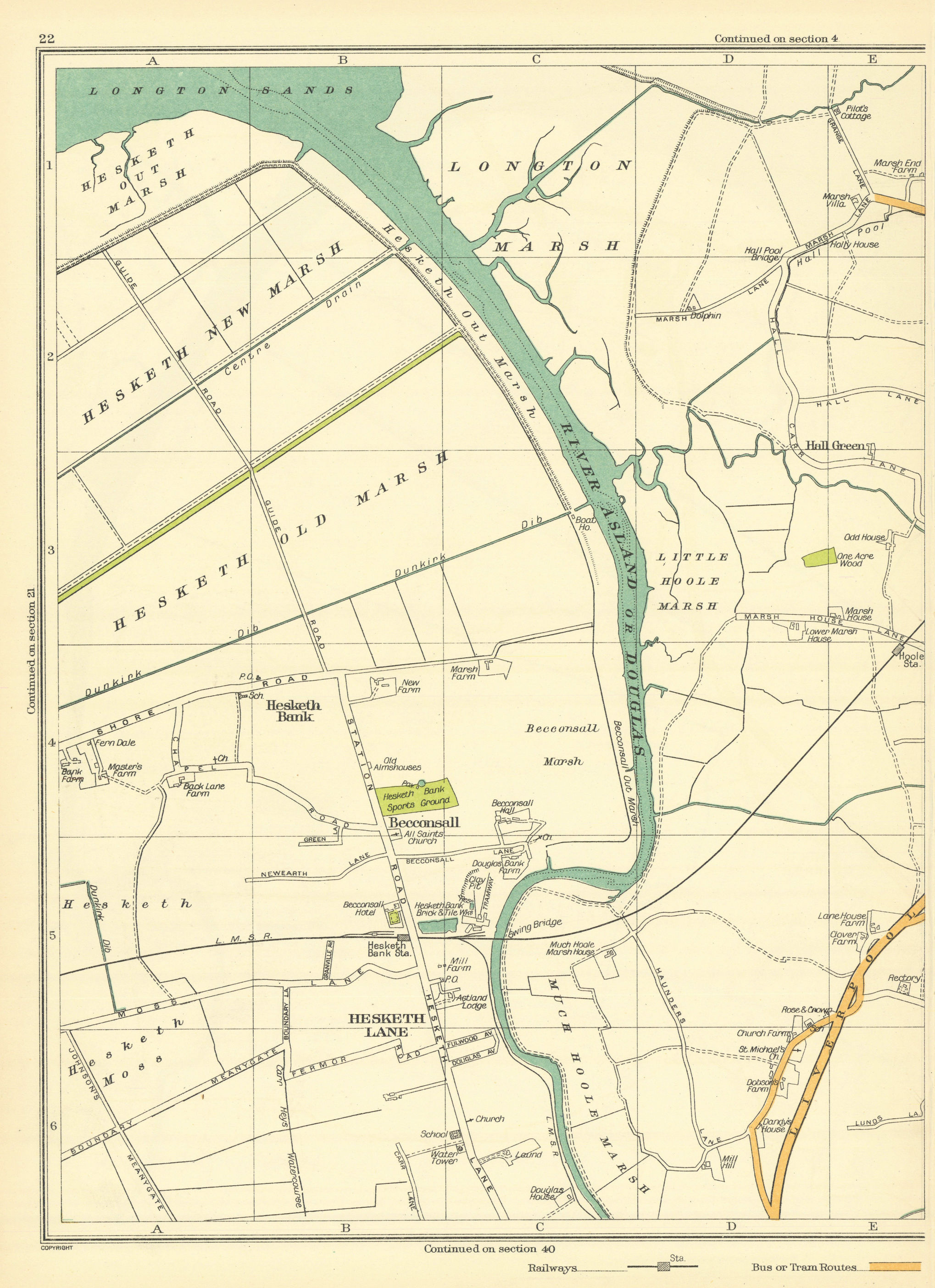 Associate Product LANCASHIRE Hesketh Lane Old Marsh New Becconsall Moss River Asland 1935 map