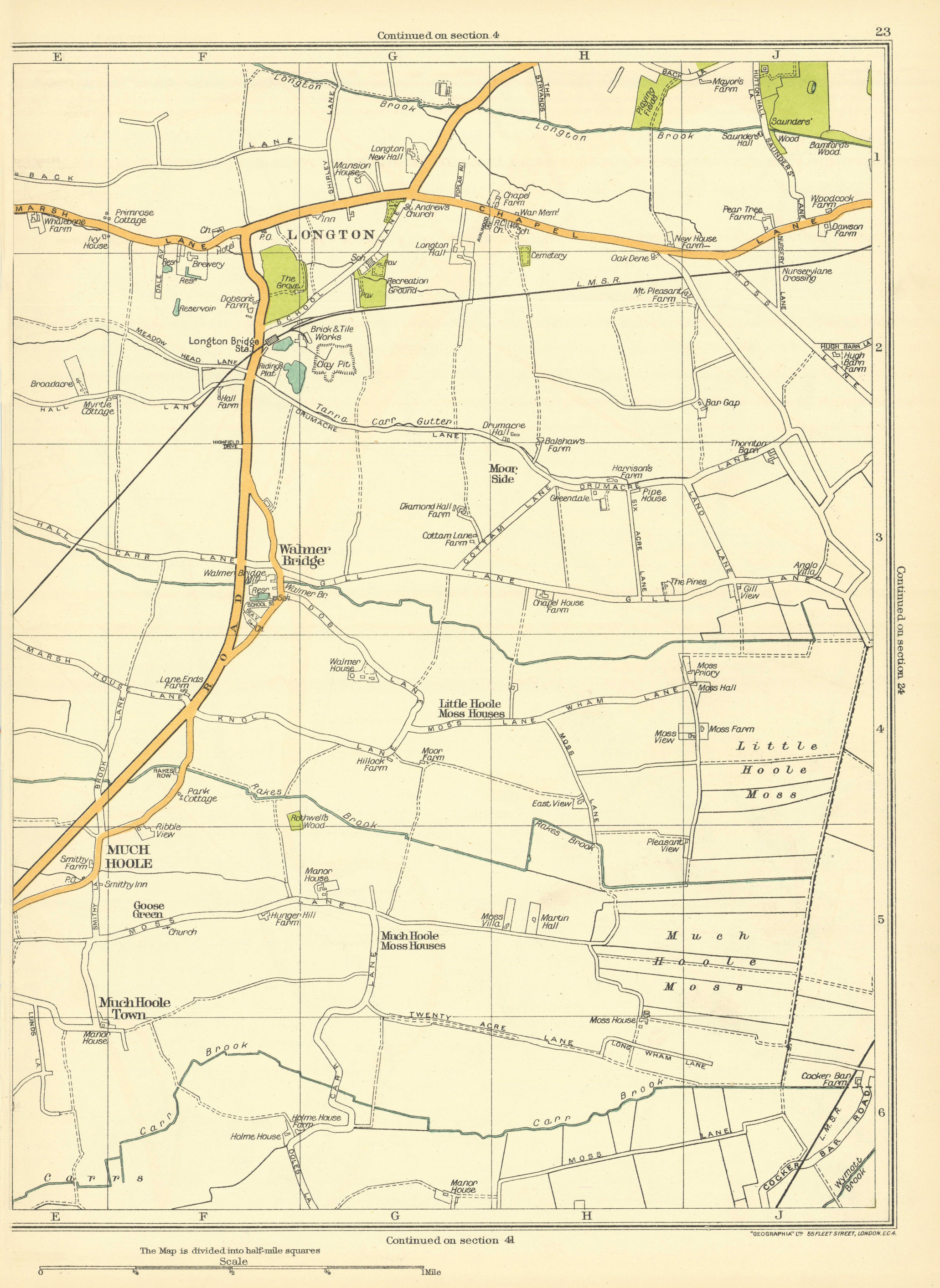 Associate Product LANCS Little Hoole Moss Much town Walmer bridge Longton Goose Green 1935 map