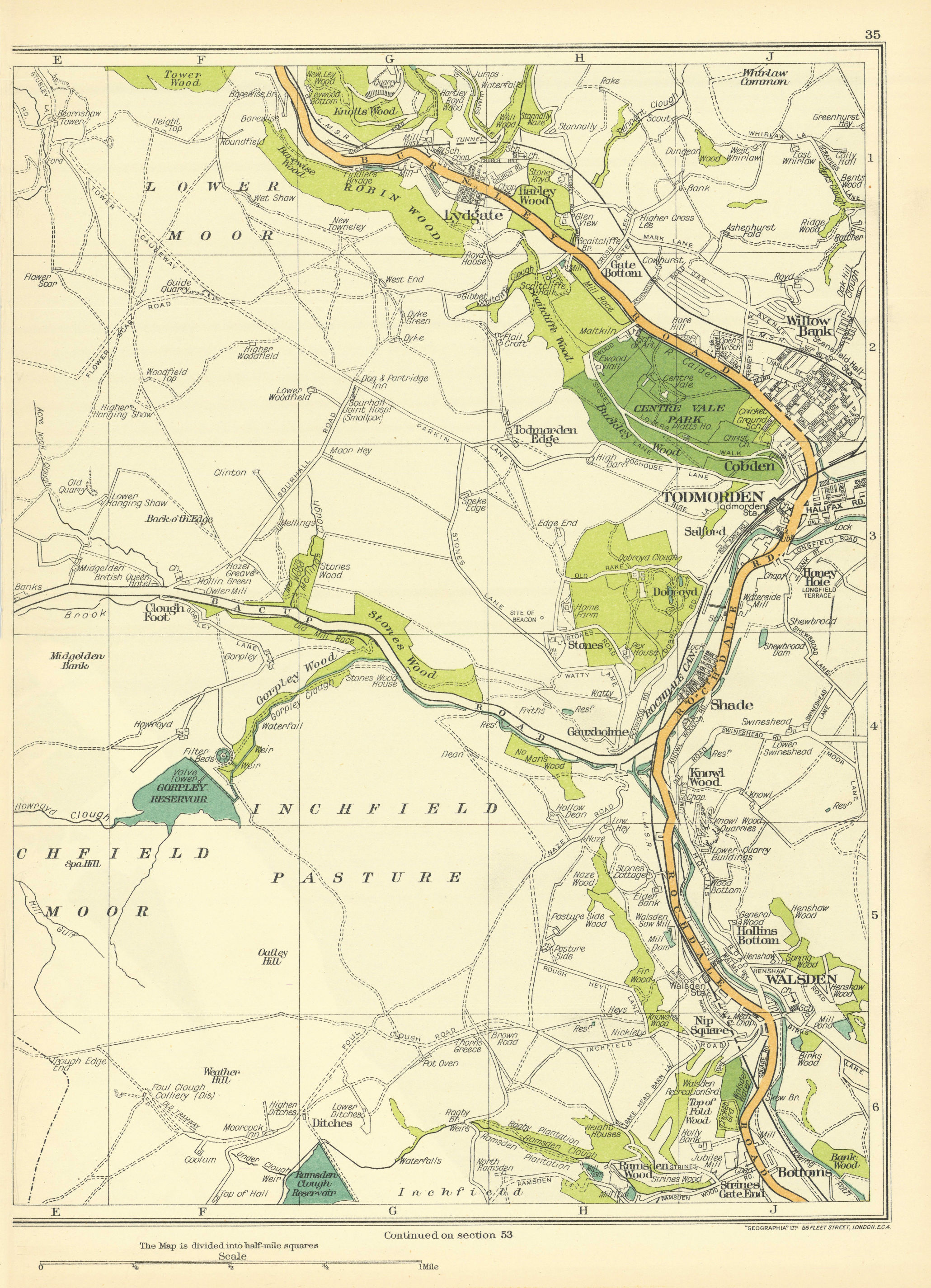 Associate Product YORKSHIRE Walsden Lower Moor Inchfield Pasture Lydgate Todmorden Cobden 1935 map