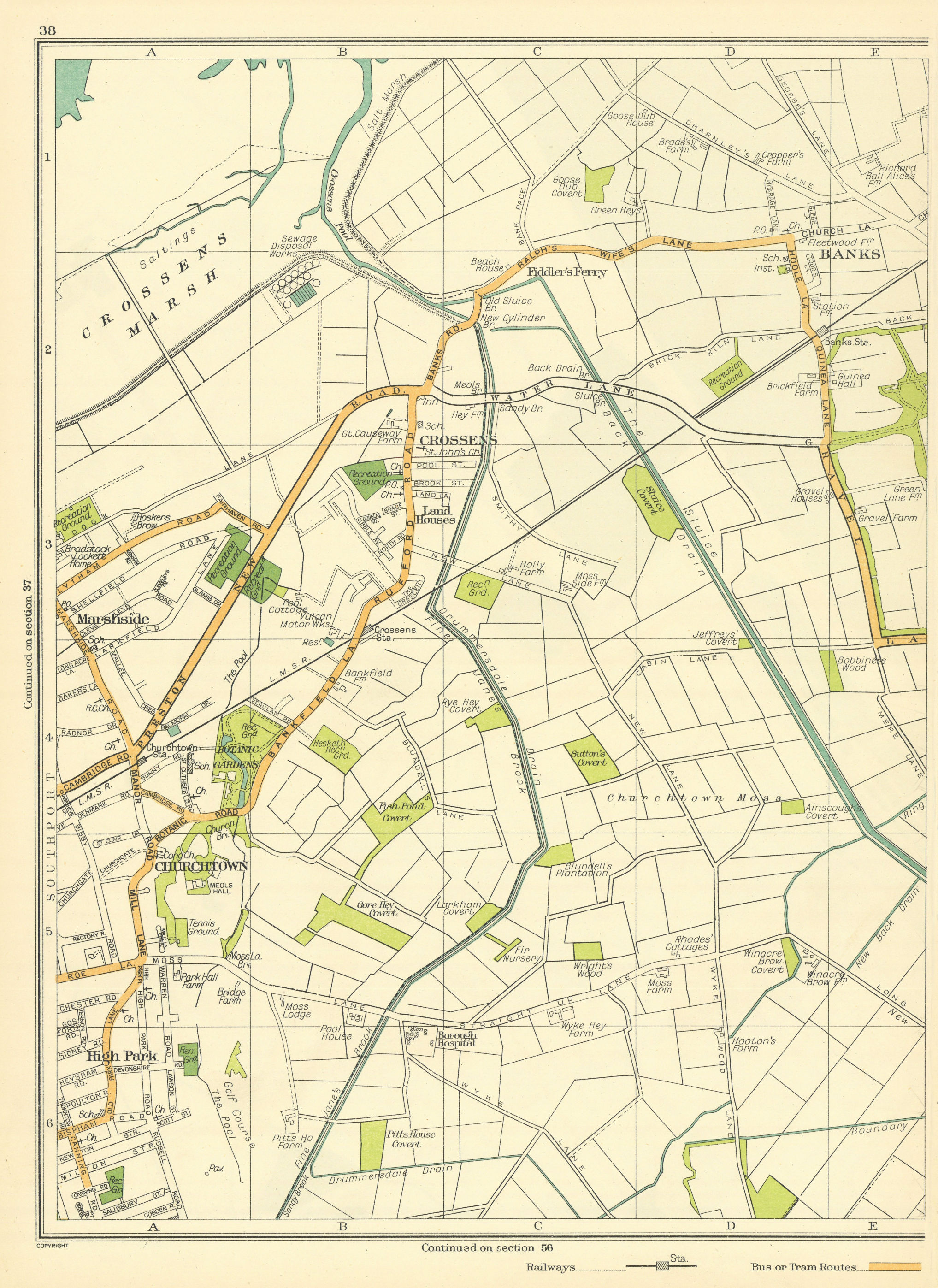 Associate Product LANCASHIRE Southport Crossens Marsh Marshside High Park Churchtown 1935 map