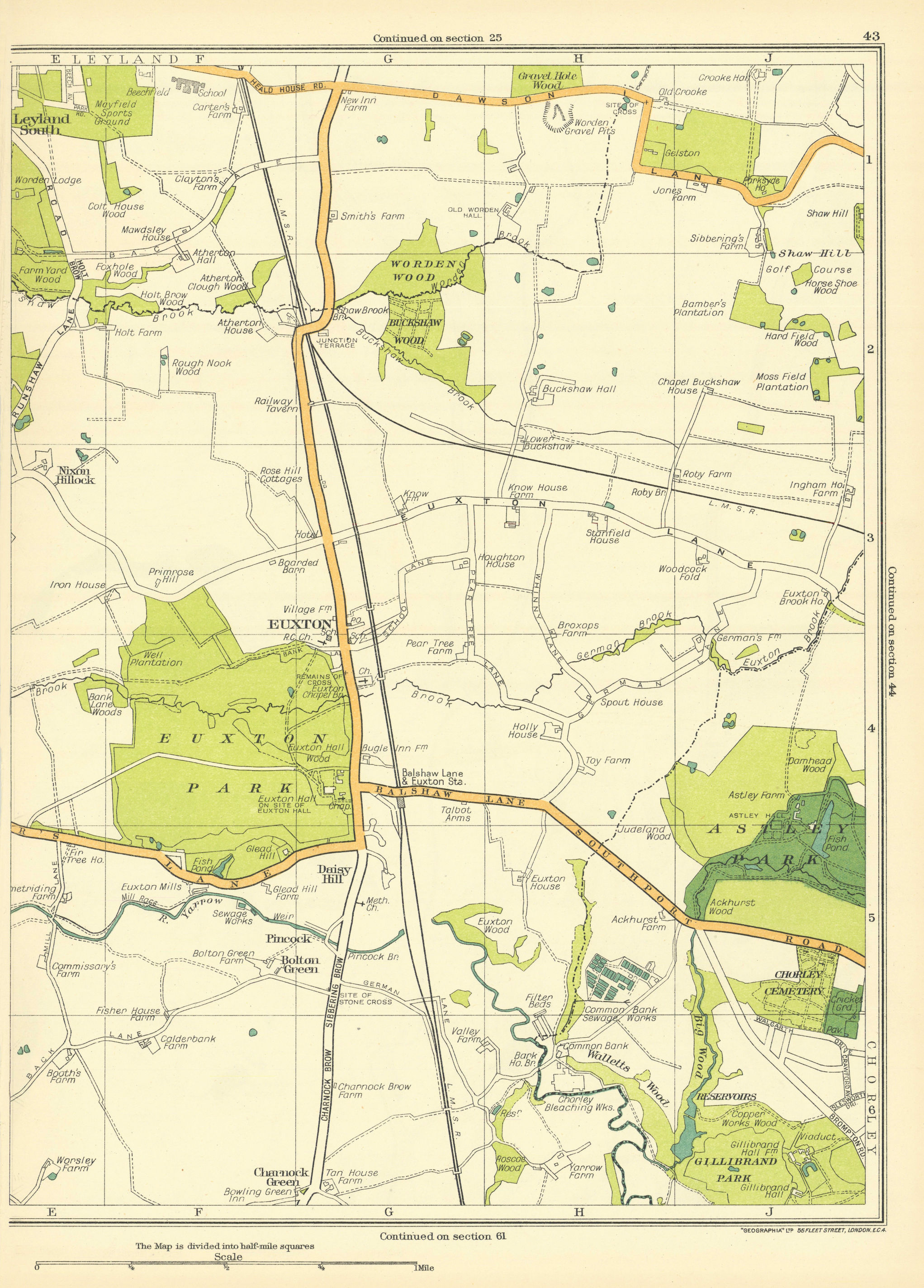 Associate Product LANCASHIRE Leyland Chorley Euxton Astley Park Charnock Green Bolton 1935 map