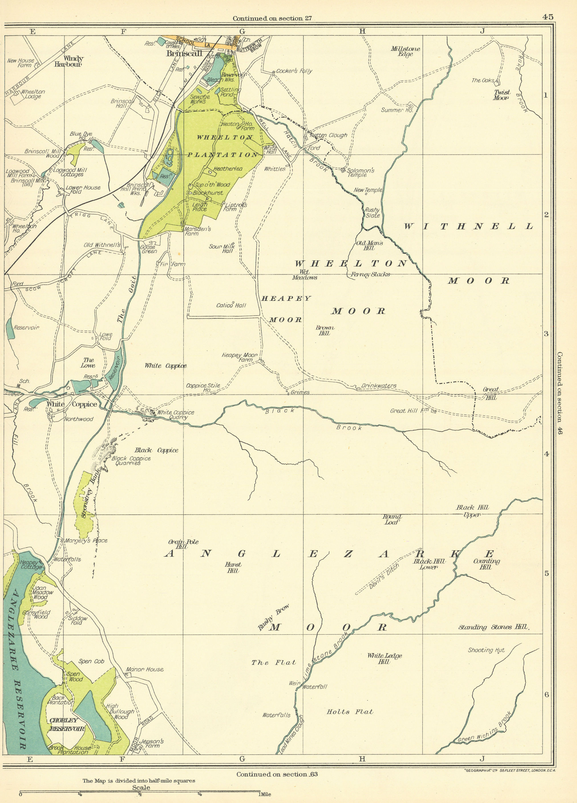 Associate Product LANCS Anglezarke Moor Heapey Withnell Wheelton Plantations Brinscall 1935 map