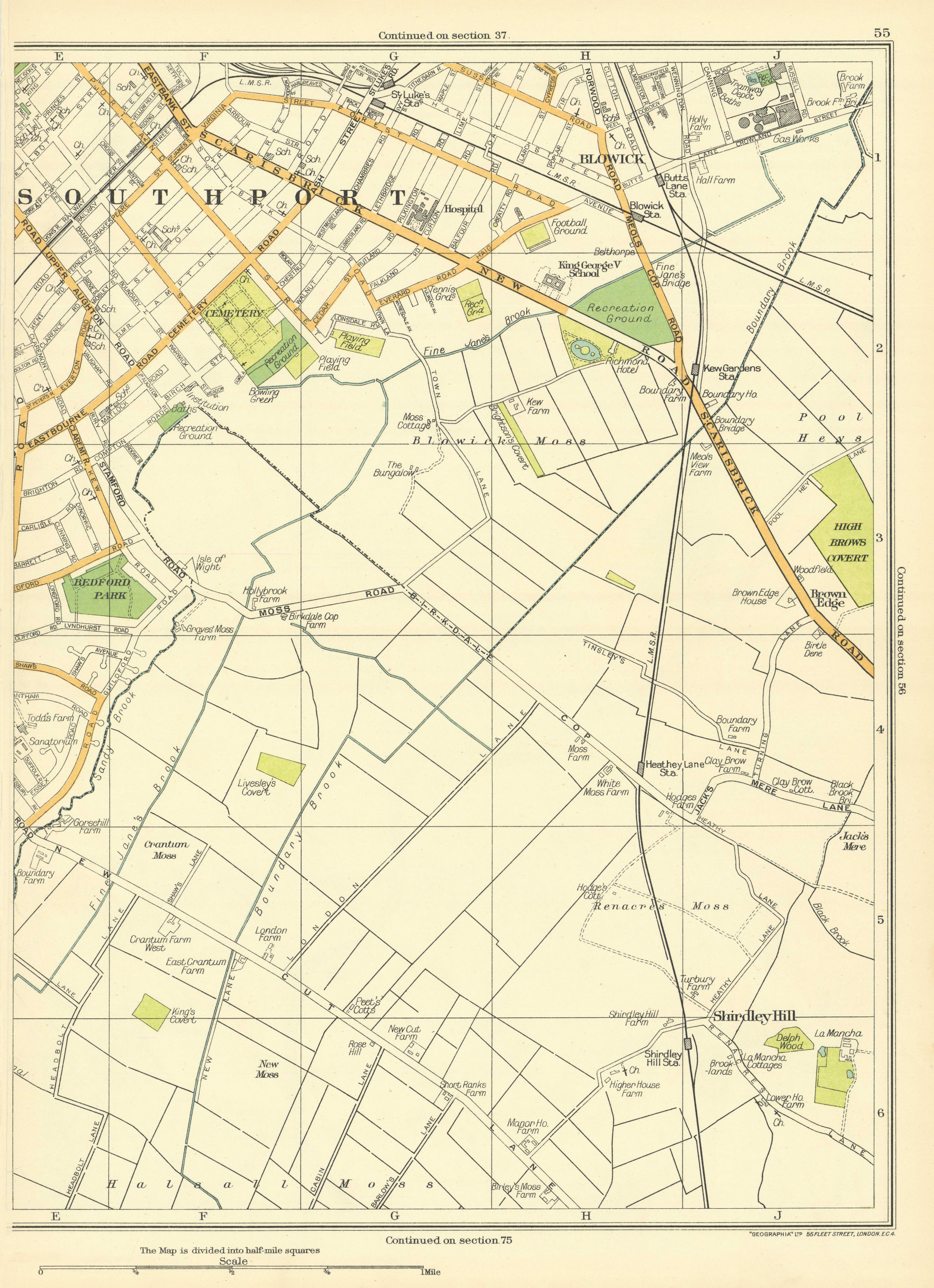 Associate Product LANCASHIRE Southport Redford Park Brown Edge Shirdley Hill Blowick 1935 map