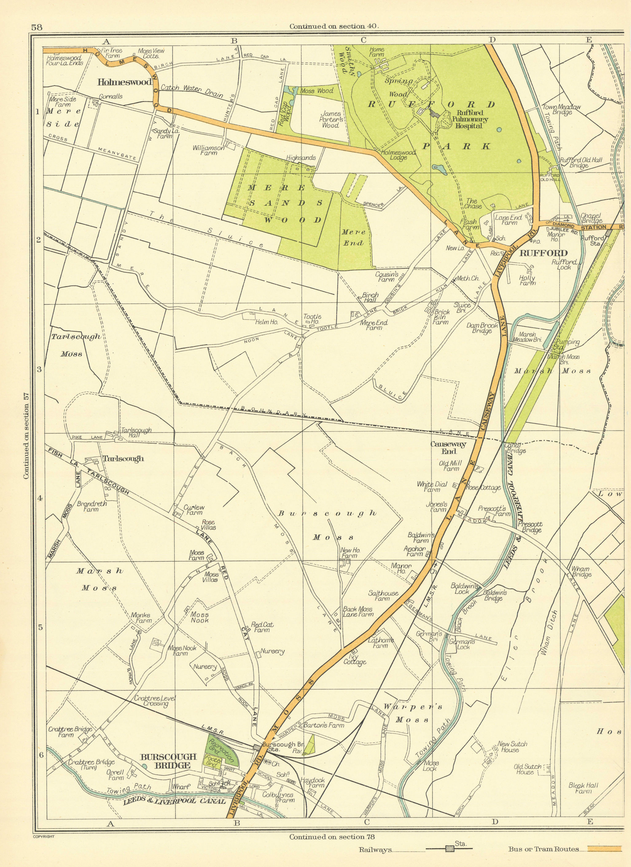 Associate Product LANCASHIRE Holmeswood Burscough Bridge Warper's Moss Rufford Marsh Moss 1935 map