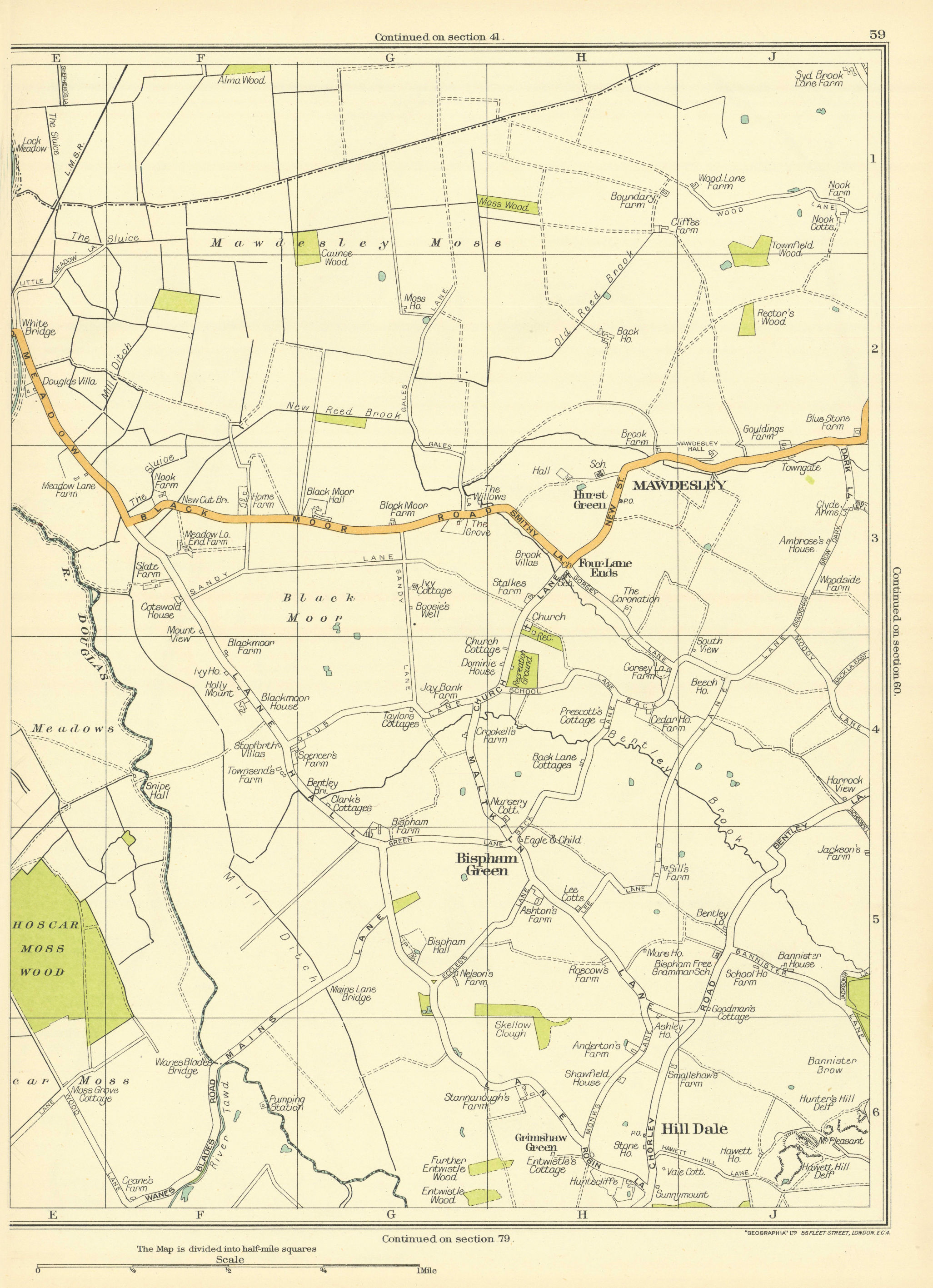 Associate Product LANCASHIRE Hill Dale Bispham Green Four Lane Ends Mawdesley Black Moor 1935 map