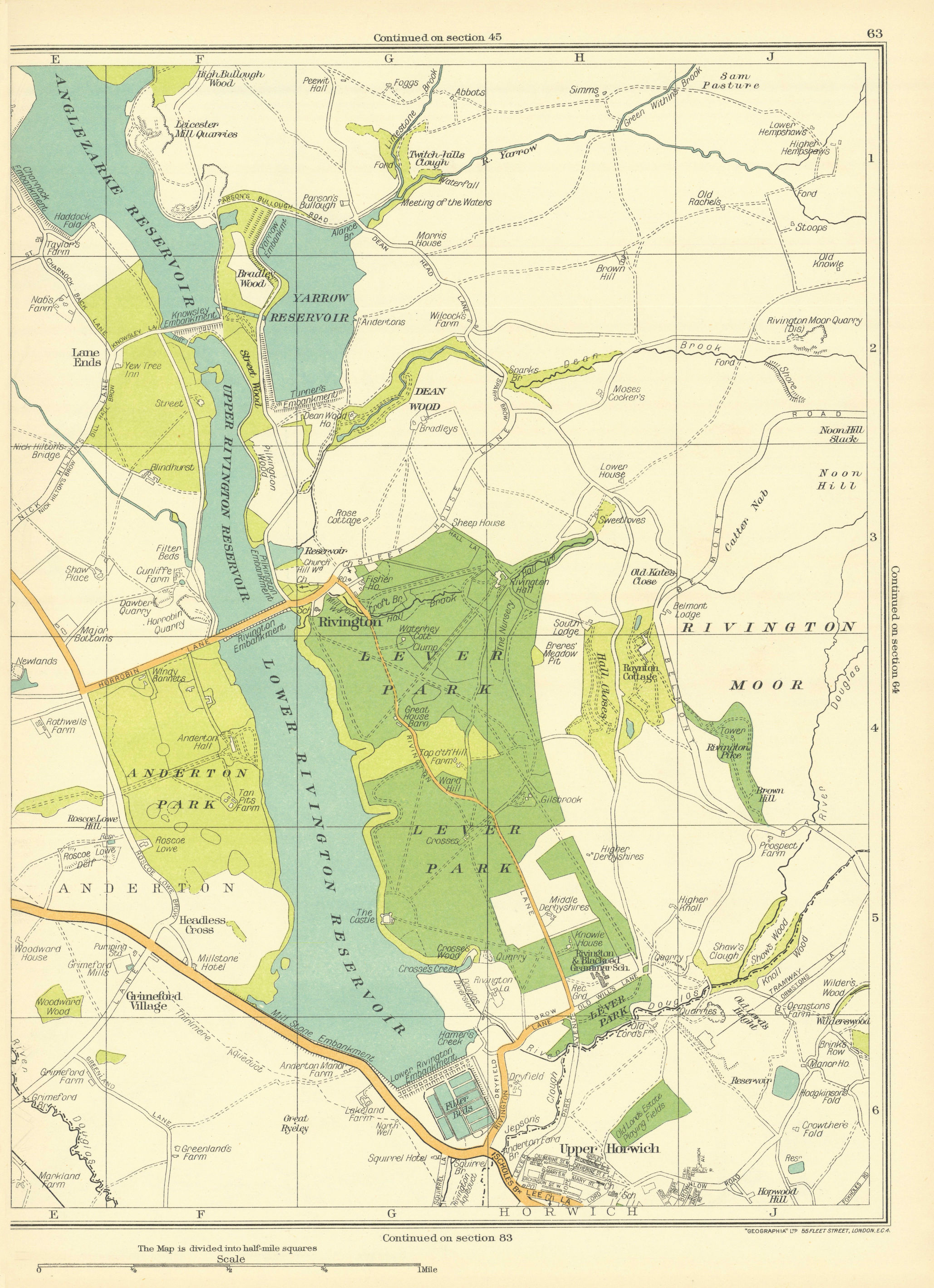 Associate Product LANCASHIRE Upper Horwich Rivington Lever park Anderton Reservoir 1935 old map