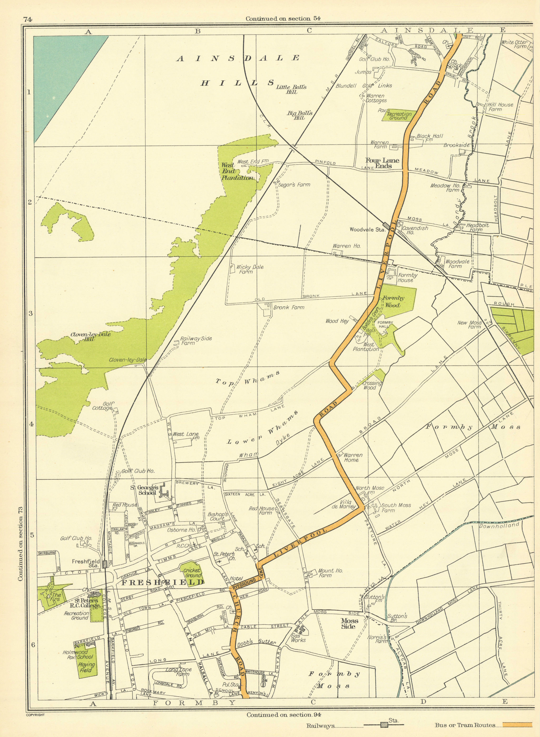 Associate Product LANCASHIRE Freshfield Formby Ainsdale Hills Moss Side Four Lane Ends 1935 map