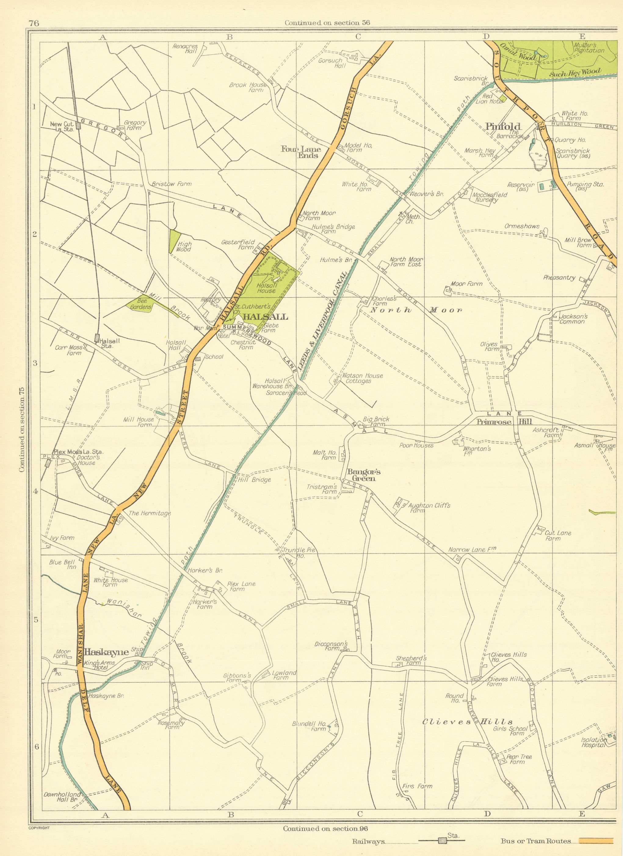 Associate Product LANCS Pinfold Halsall Bangor's Green Haskayne Clieves Hills Primrose 1935 map