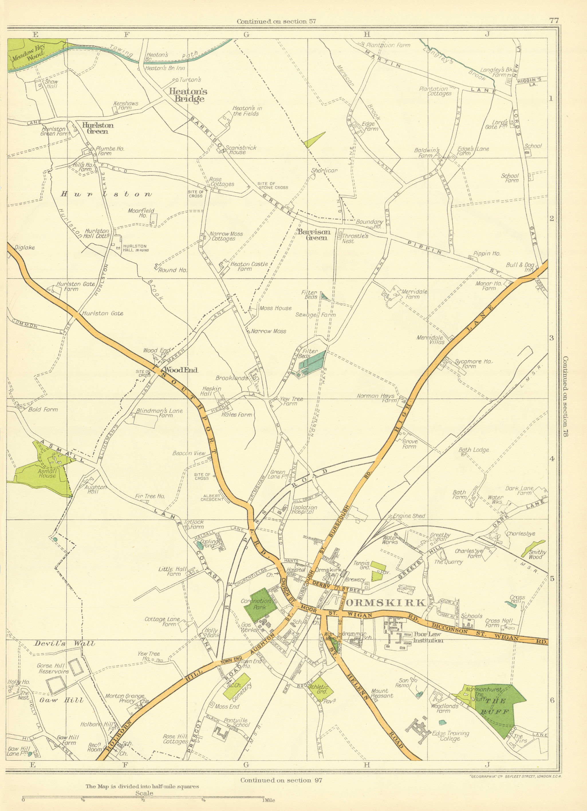 LANCASHIRE Ormskirk Wood End Heaton's Bridge Hurlston Green The Buff 1935 map