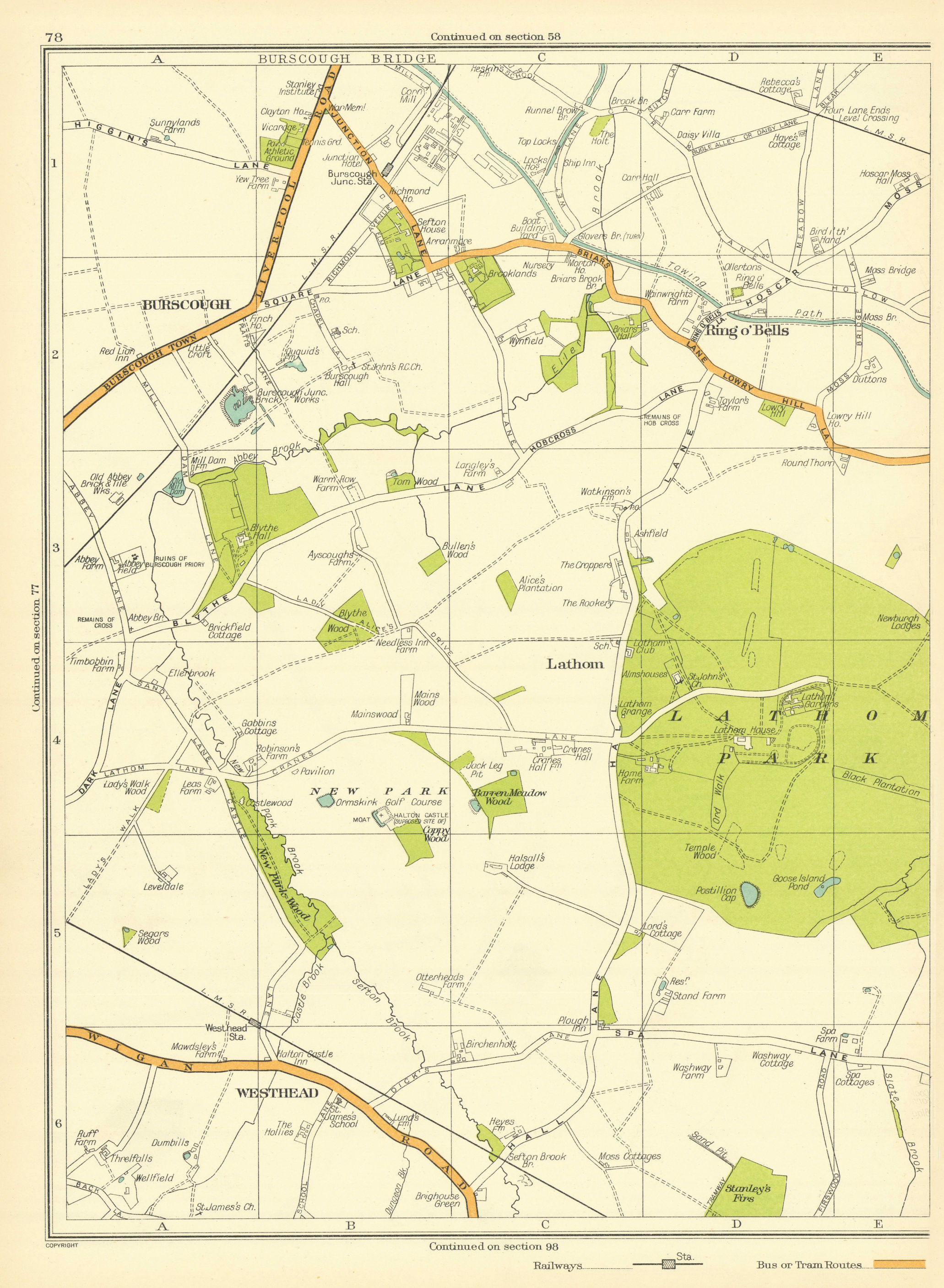 LANCASHIRE Burscough Ring O'Bells Lathom Lathom Park Westhead New Park 1935 map