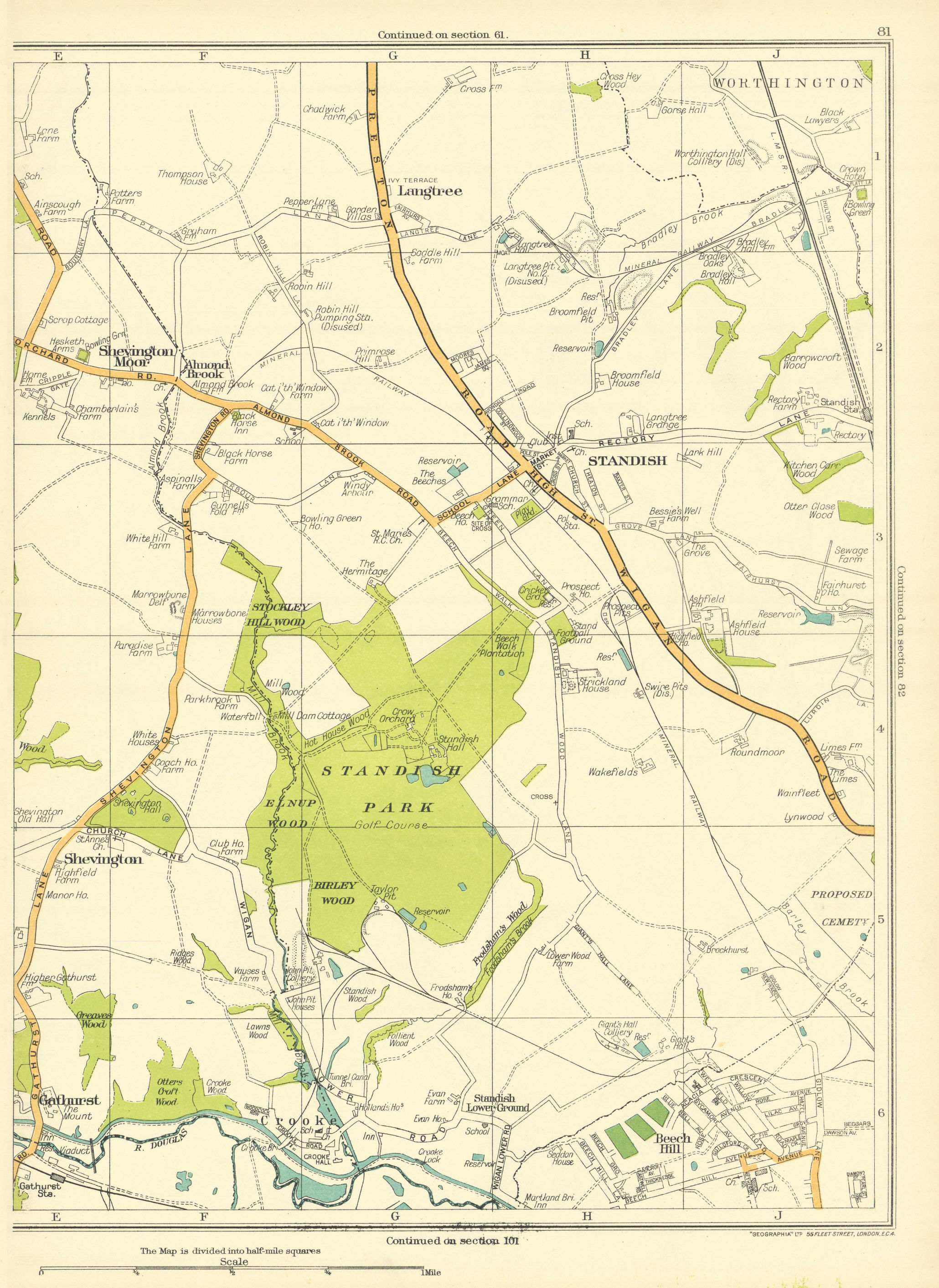 Associate Product LANCASHIRE Gathurst Shevington Standish Worthington Langtree 1935 old map