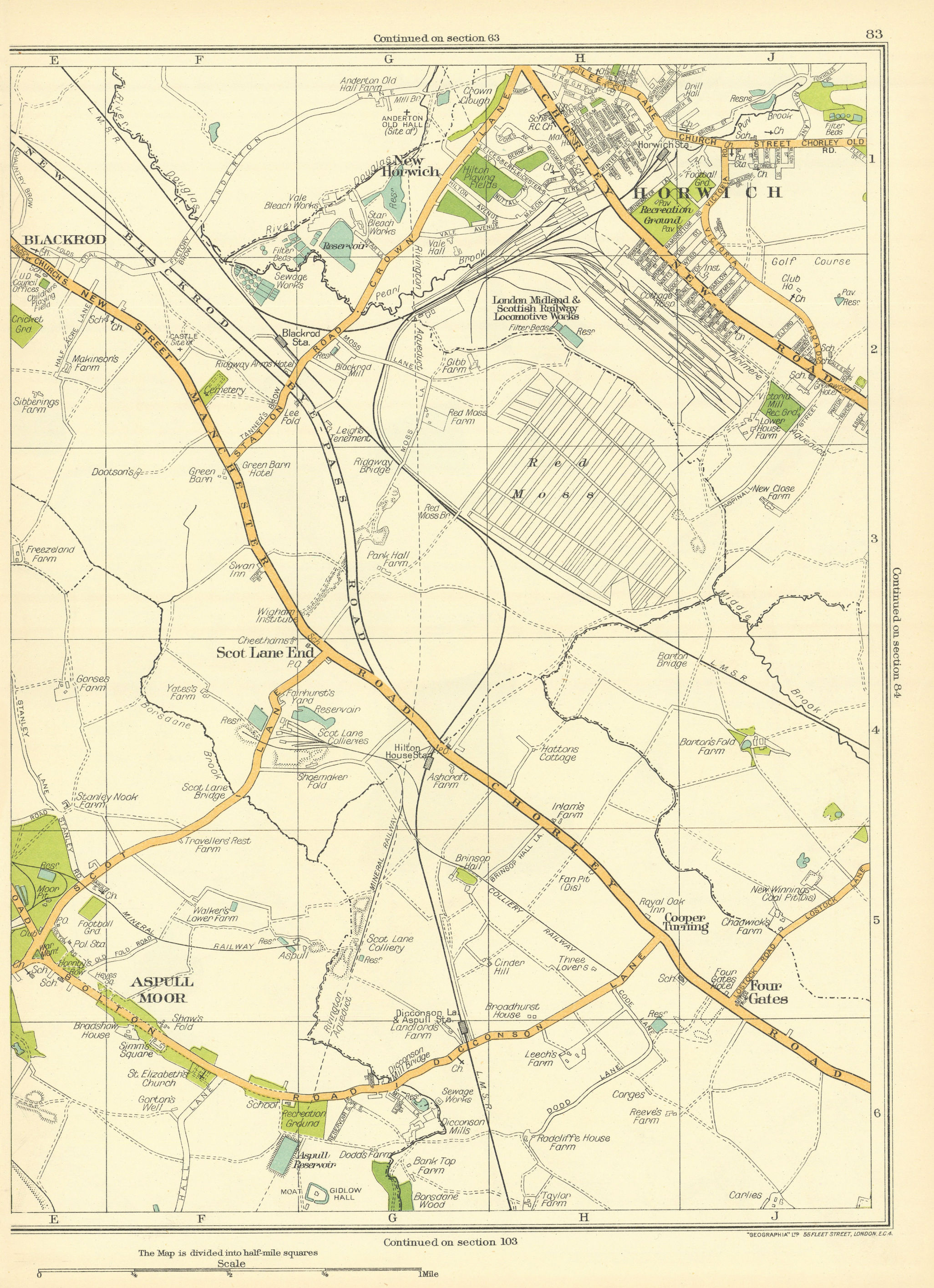 Associate Product LANCASHIRE Aspull Moor Scot Lane End Horwich Blackrod New 4 Gates 1935 old map