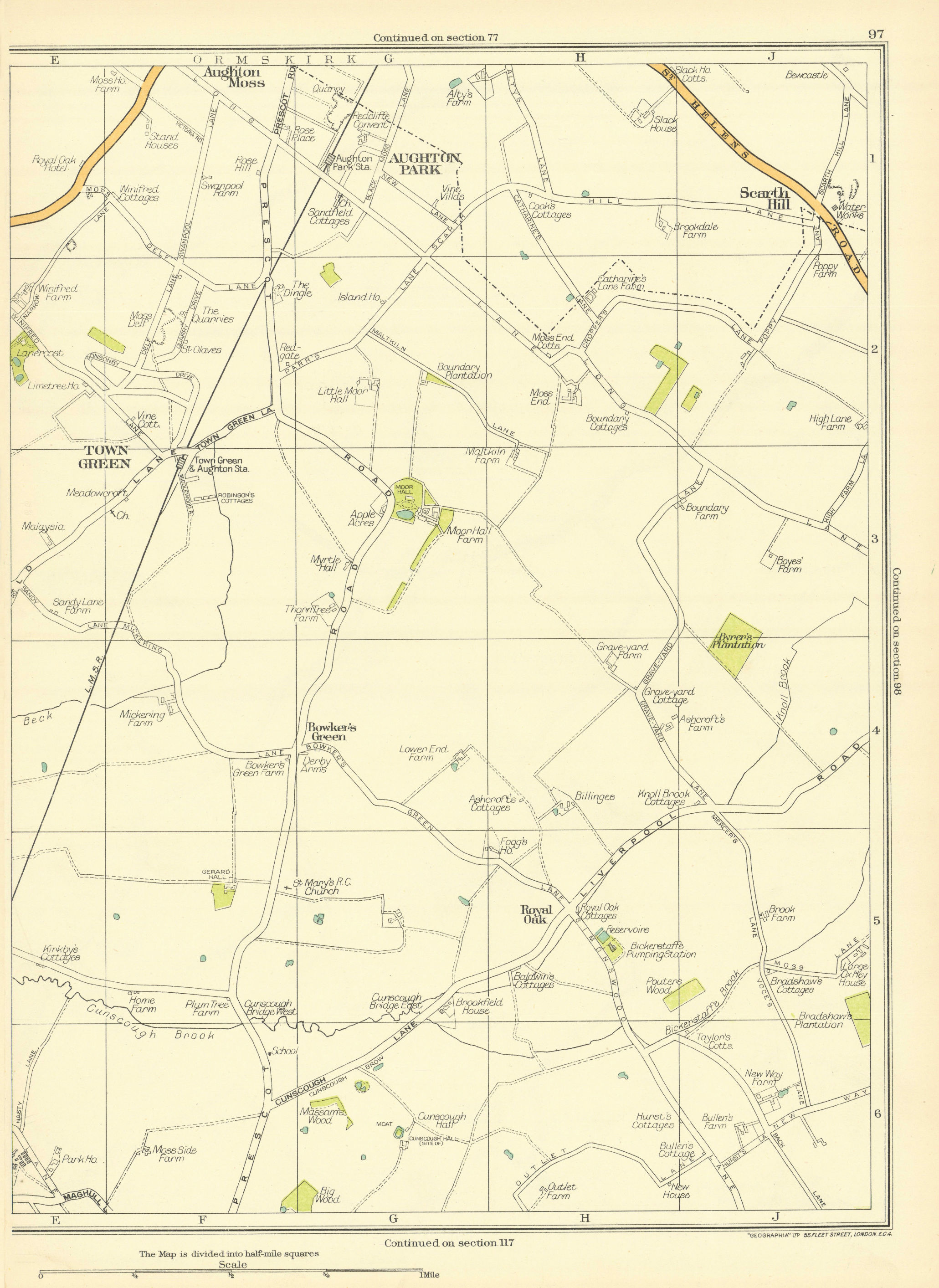 LANCASHIRE Town Green Aughton Park Scarth Hill Royal Oak Bowker's Green 1935 map