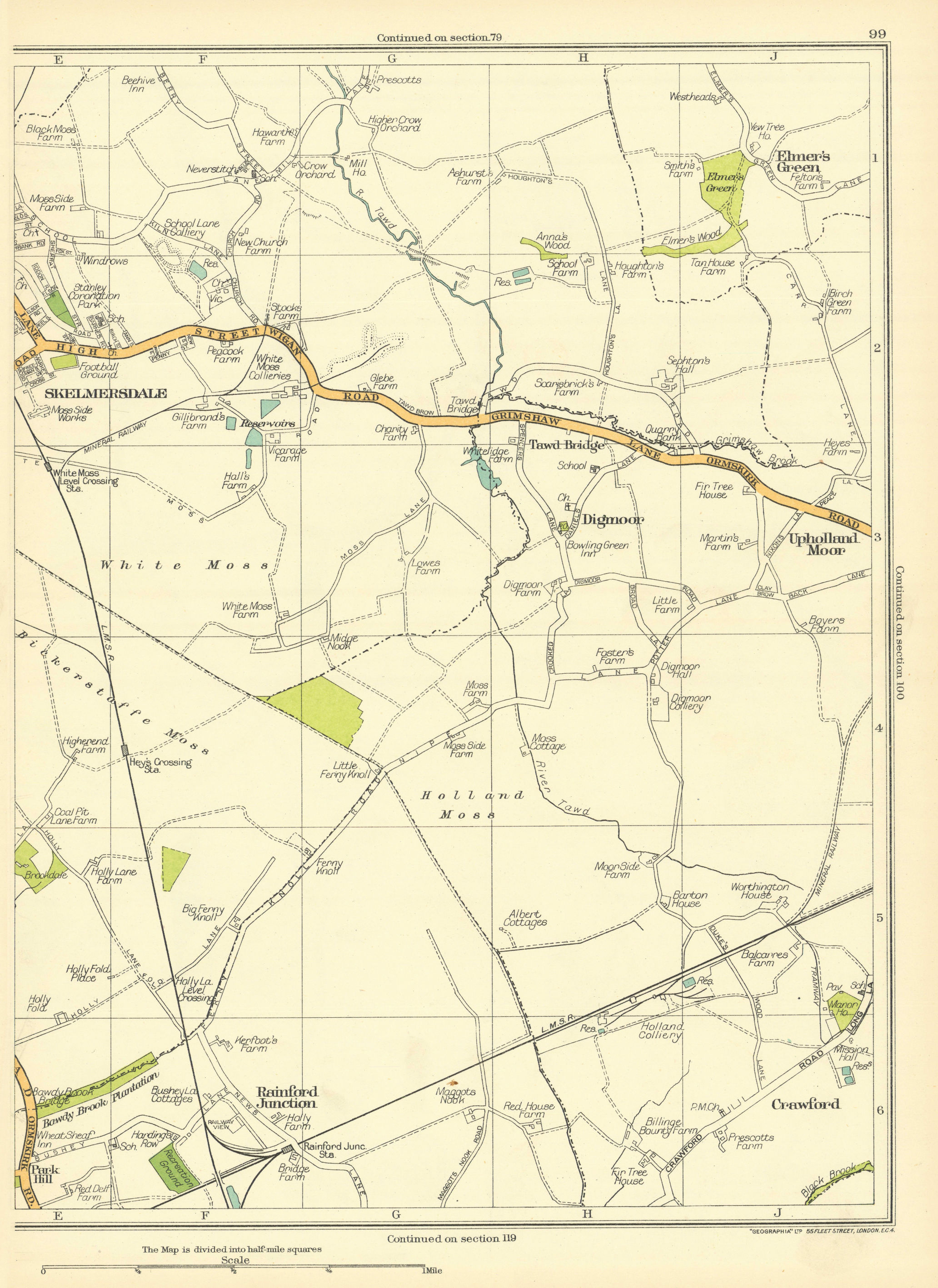 Associate Product LANCS Skelmersdale Rainford Junction Upholland Moor Digmoor Crawford 1935 map