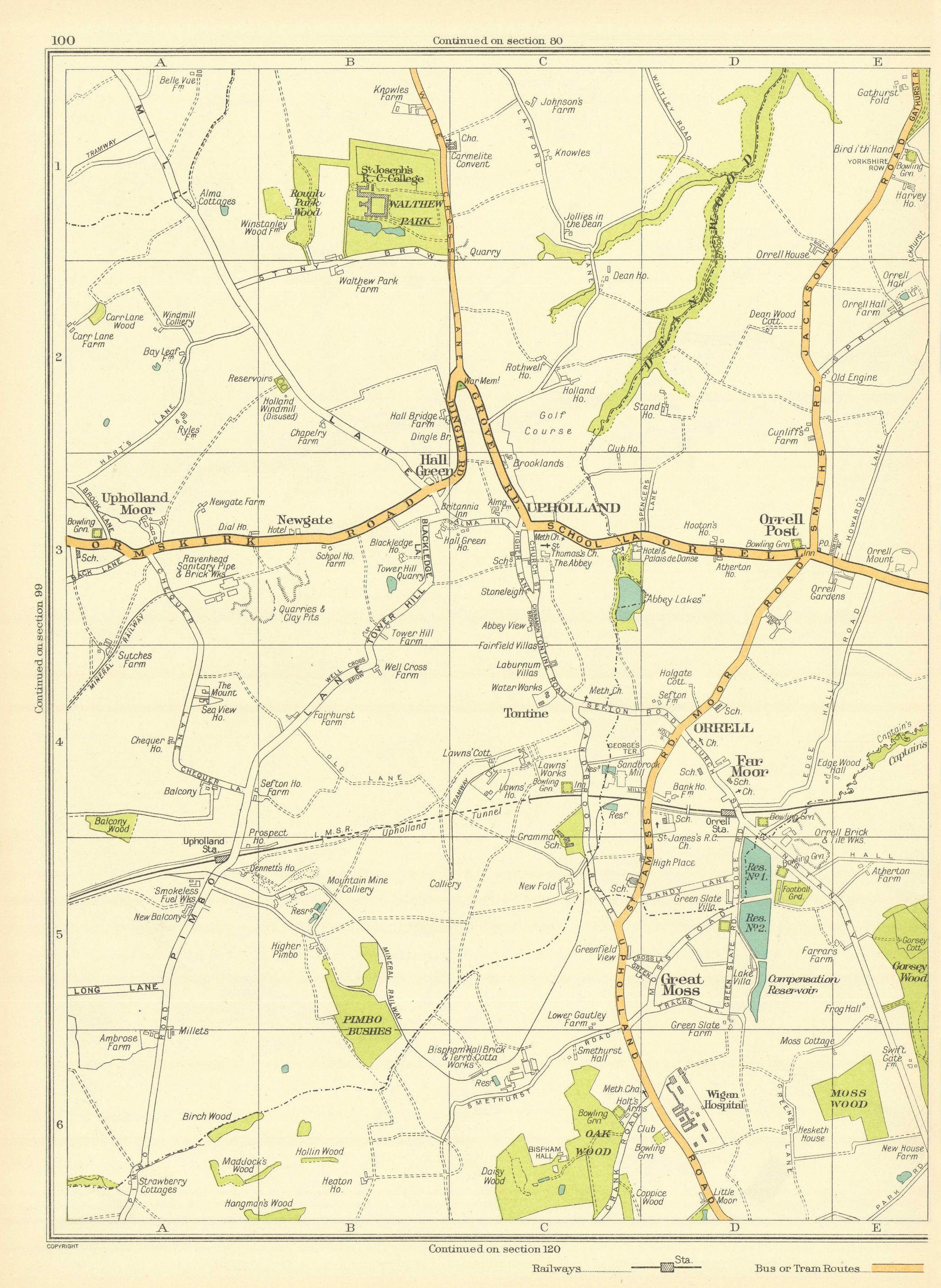 LANCASHIRE Great Moss Orrell Far Moor Upholland Hall Green 1935 old map