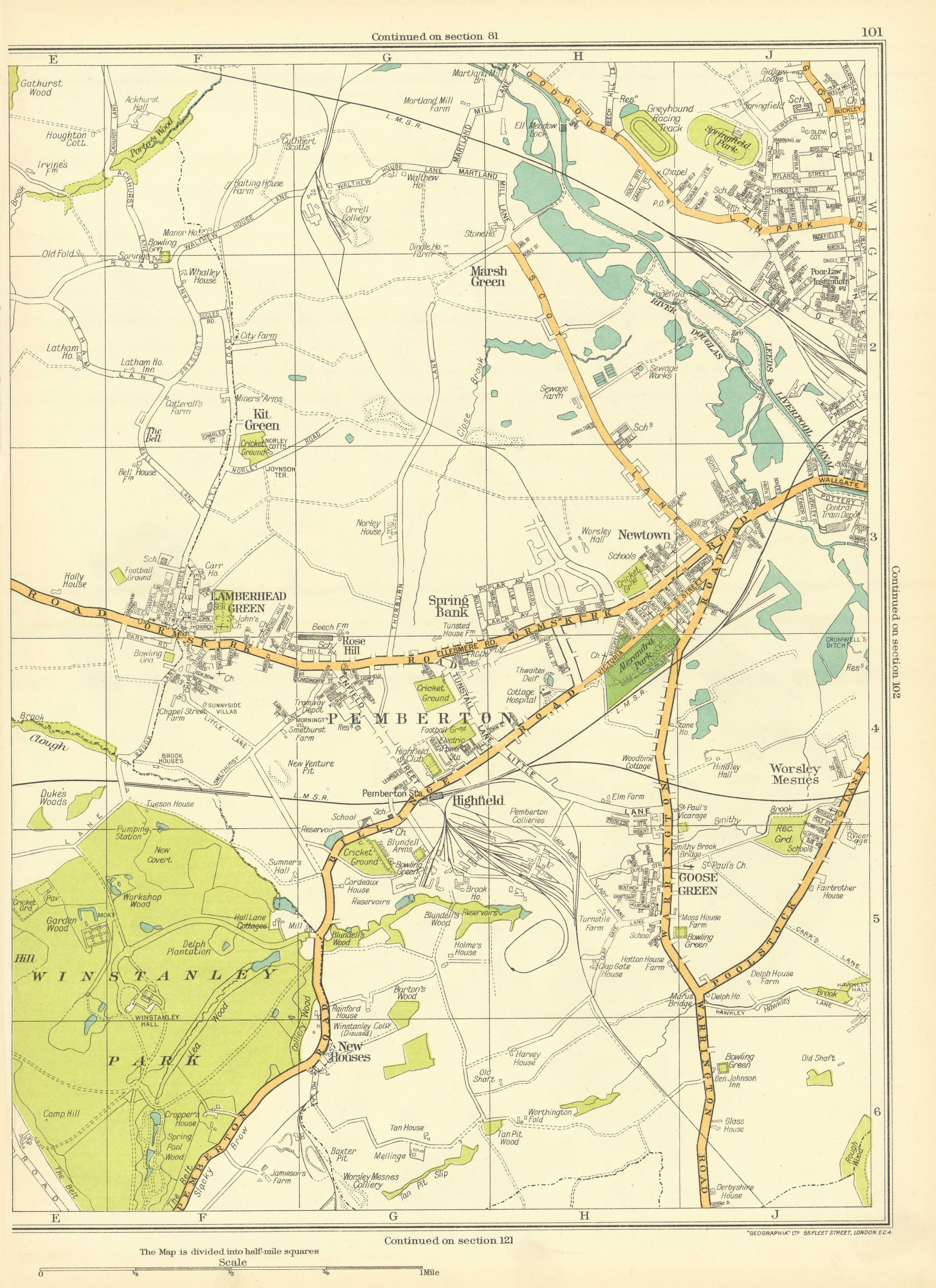 Associate Product LANCS Wigan Pemberton Winstanley Newton Spring Bank Lamberhead Green 1935 map