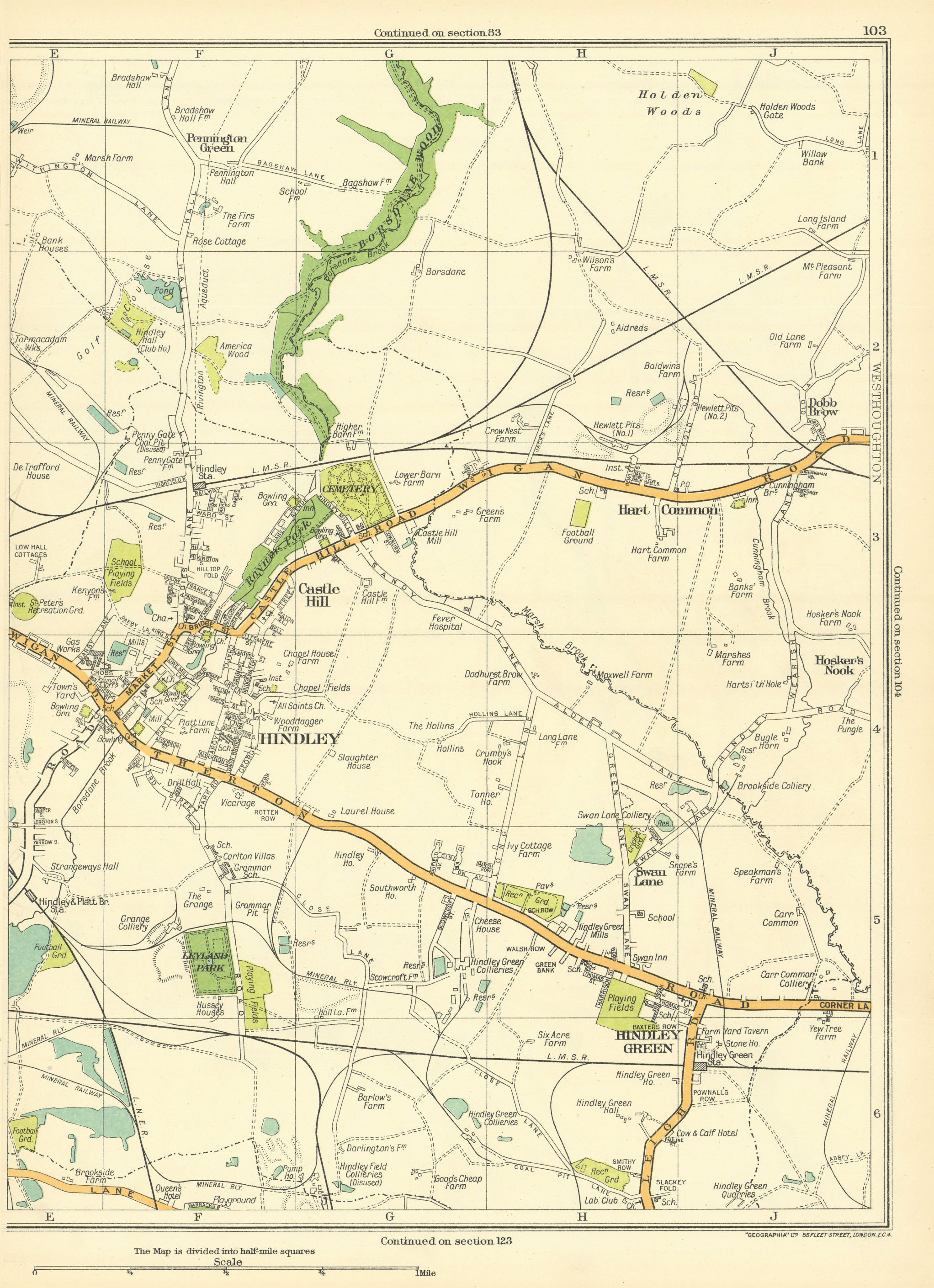 Associate Product LANCS Hindley Green Castlehill Hart Common Castle Hill Westhoughton 1935 map